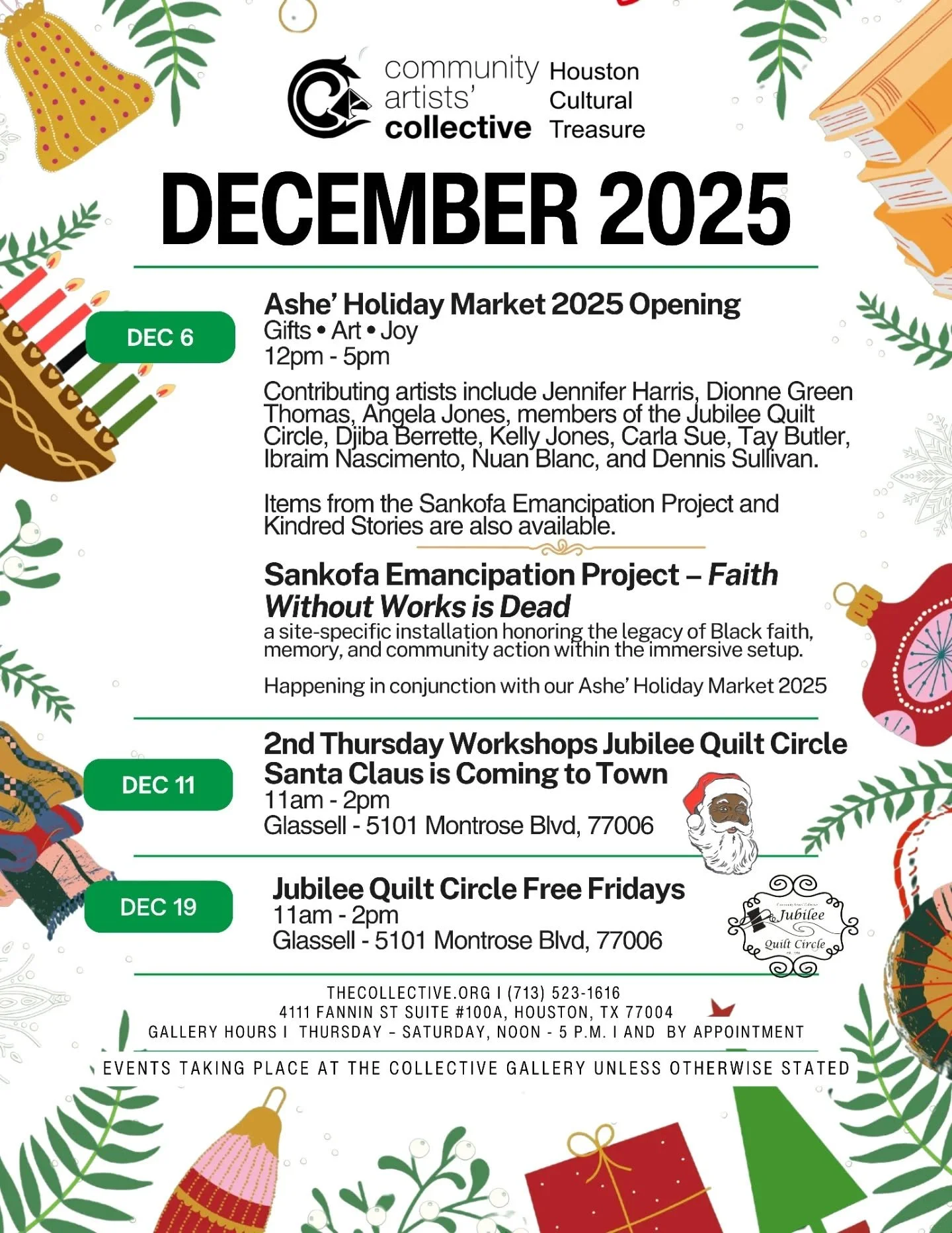 🎁 December at The Collective 🎁

The year is coming to a close and our gallery is bursting with holiday joy all month long. 

Here&rsquo;s what&rsquo;s happening with The Collective this December:

&bull; DEC 6 &ndash; Ashe&rsquo; Holiday Market Ope