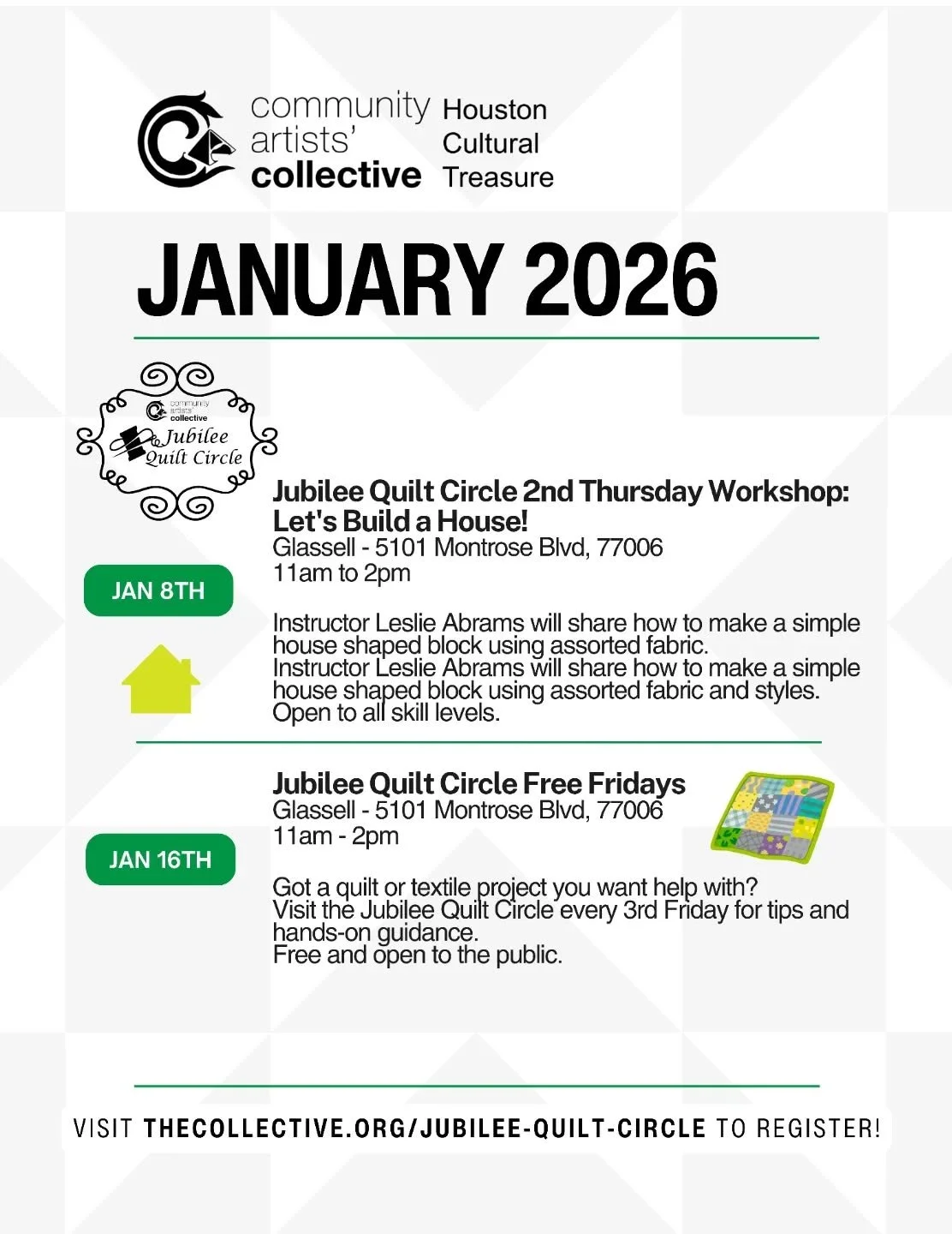 As we prepare for our next set of beautiful exhibitions, this January 2026, we lean in to our quilt circle legacy. Here's what's happening: 

🧵 Jubilee Quilt Circle - 2nd Thursday Workshop: Let&rsquo;s Build a House!
&bull; January 8 | 11am - 2pm @ 