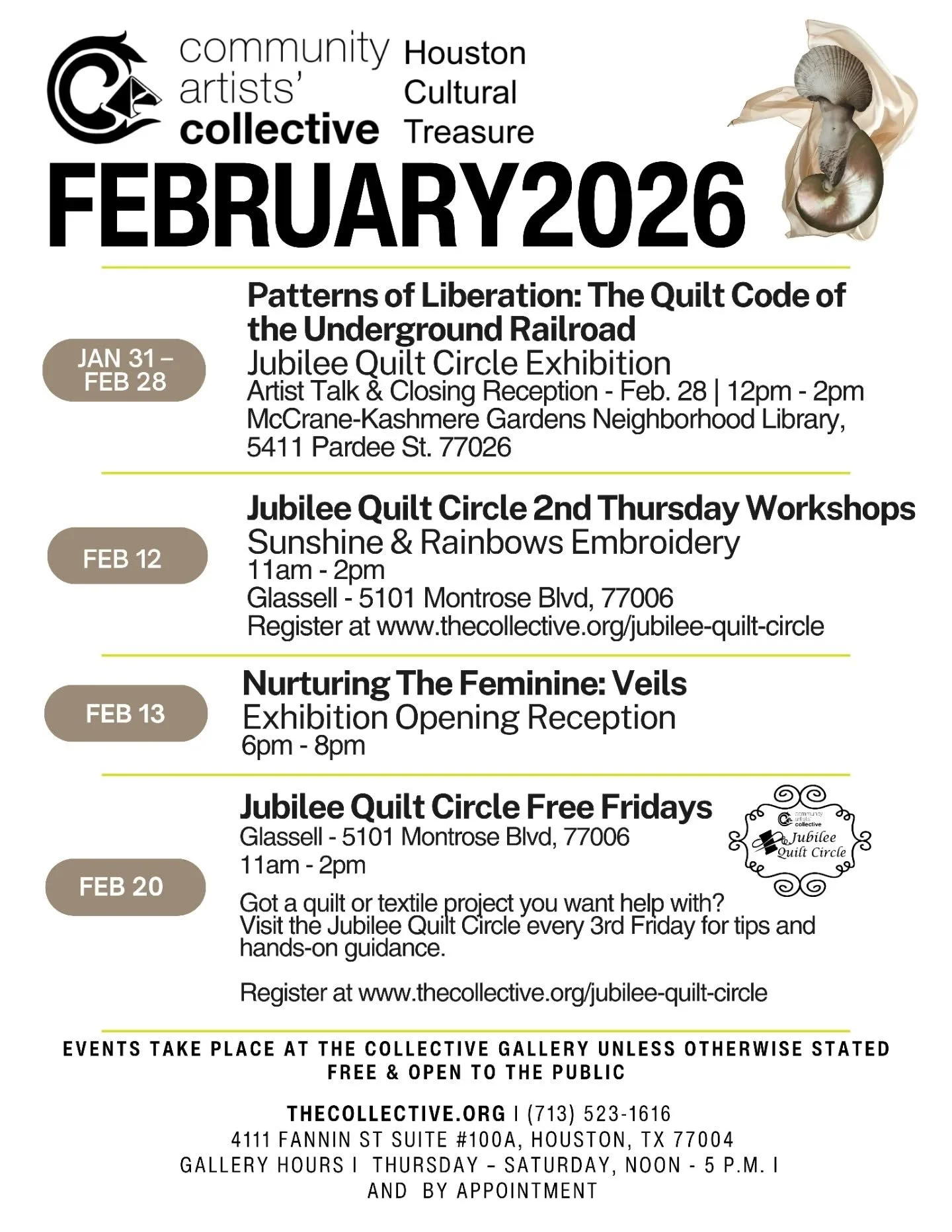 ✨ FEBRUARY 2026 AT THE COLLECTIVE ✨
Join us for our various opportunities to create and be inspired!

&bull; Patterns of Liberation: The Quilt Code of the Underground Railroad
Jubilee Quilt Circle Exhibition
Jan 31 &ndash; Feb 28
🎤 Artist Talk &amp;