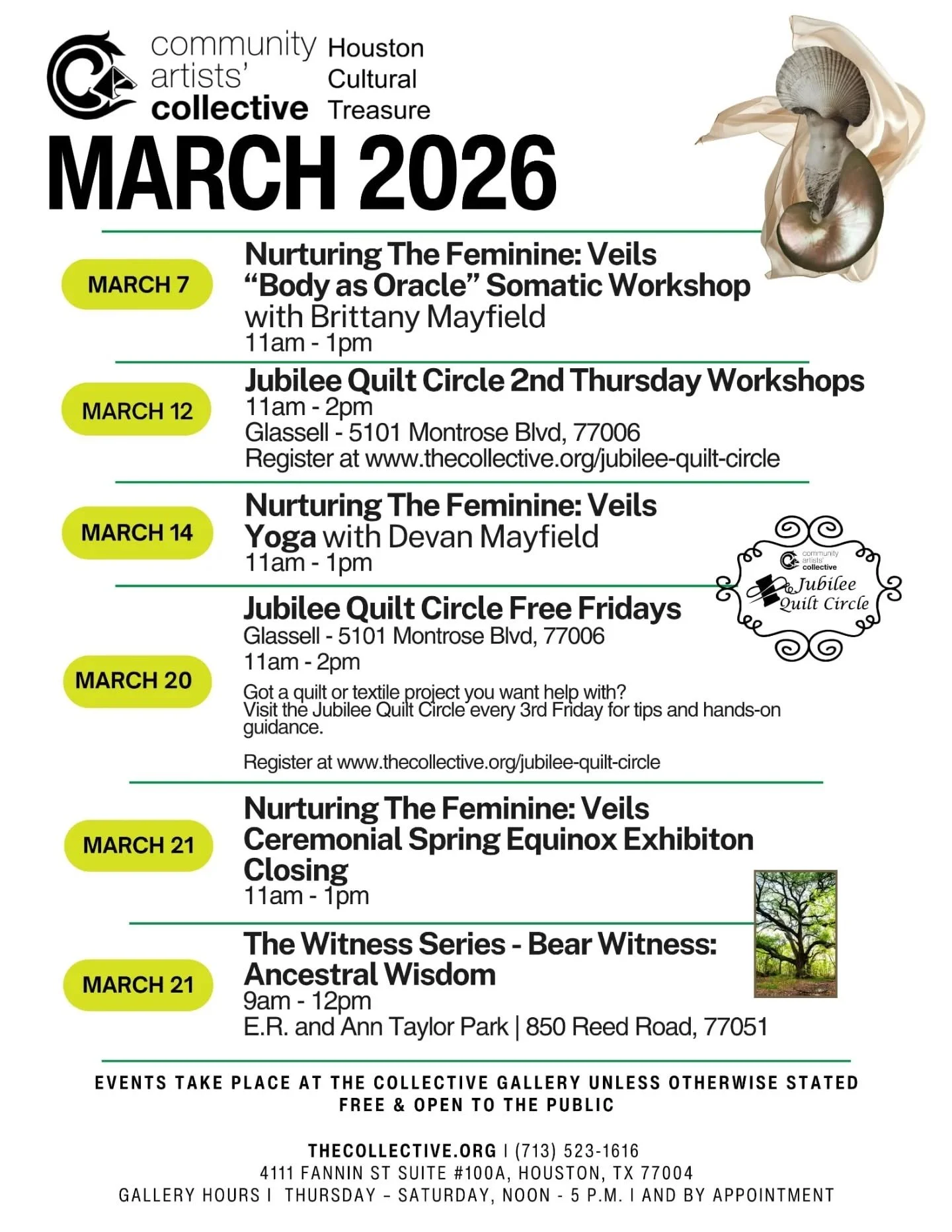 🌹MARCH 2026 AT THE COLLECTIVE 🌹

Come experience a month of femininity, gathering, and community at the Community Artists&rsquo; Collective.

&bull; 🌿 March 7
Nurturing The Feminine: Veils
&ldquo;Body as Oracle&rdquo; Somatic Workshop with Brittan