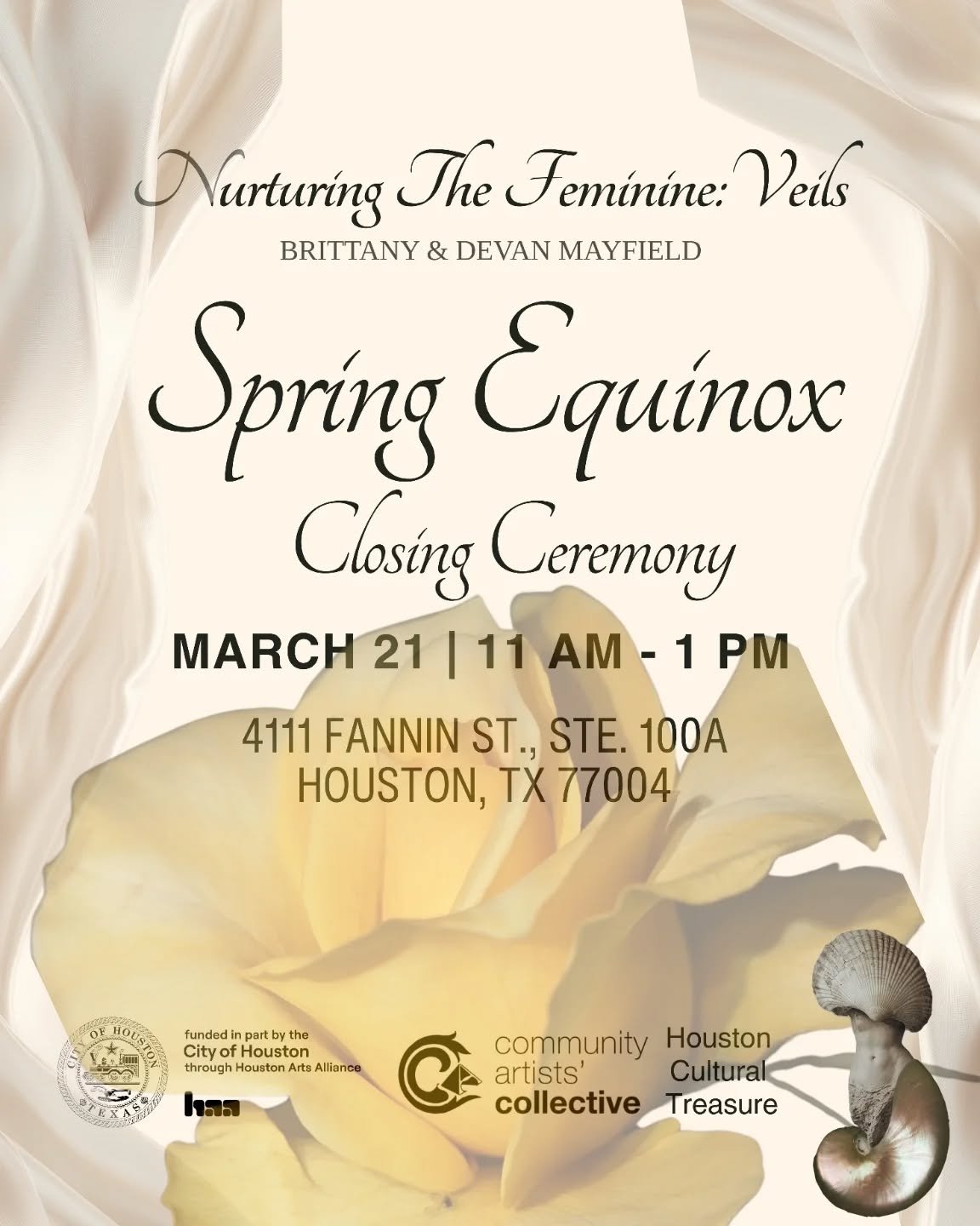 Join Brittany &amp; Devan Mayfield for a ceremonial exhibition closing in conjunction with the Spring Equinox.

🌹

Nurturing The Feminine: Veils is an artistic extension of Nurturing The Feminine, a ceremonial practice created by sisters Brittany an