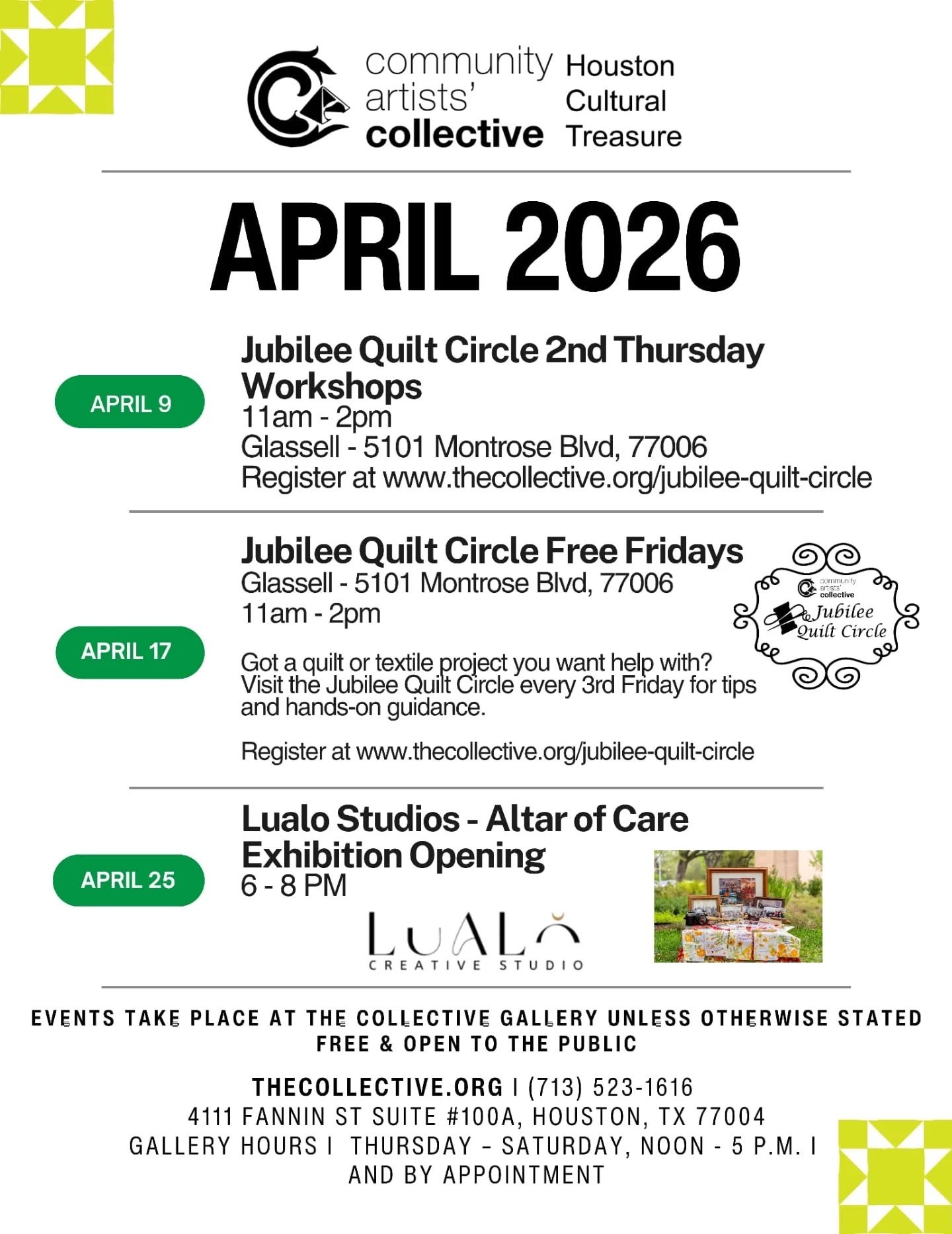 🌸APRIL at The Collective 🌸

We&rsquo;re stepping into the season with creativity, community, and care. Join us this month for hands-on workshops, creative connection, and a powerful exhibition opening.

&bull; April 9
Jubilee Quilt Circle: 2nd Thur