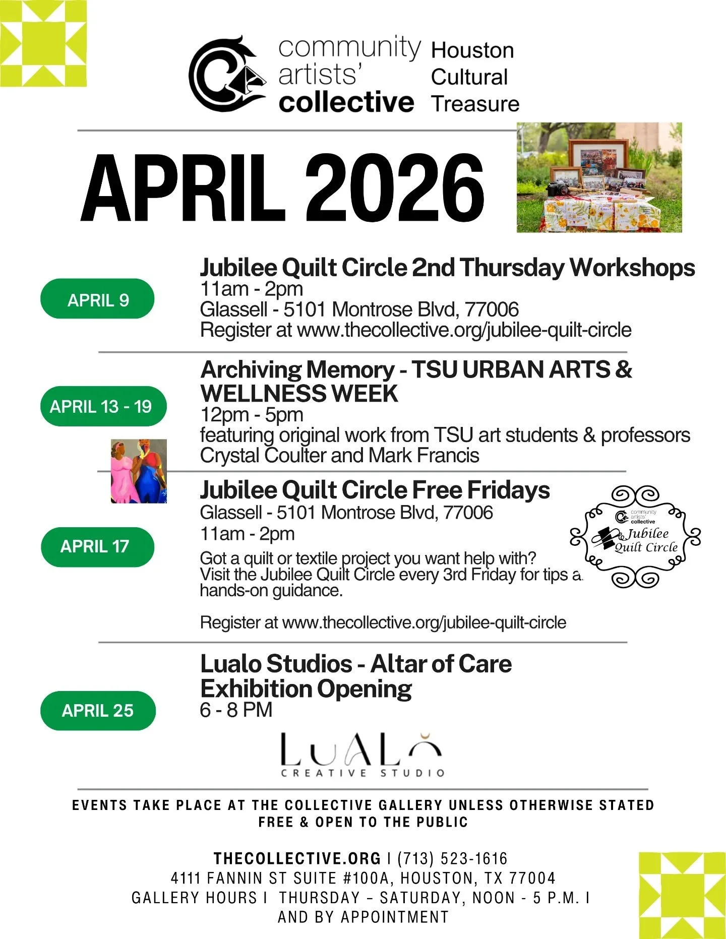 🌸APRIL at The Collective 🌸

We&rsquo;re stepping into the season with creativity, community, collegiate collaboration, and care. Join us this month for hands-on workshops, creative connection, and powerful exhibition openings.

&bull; April 9
Jubil