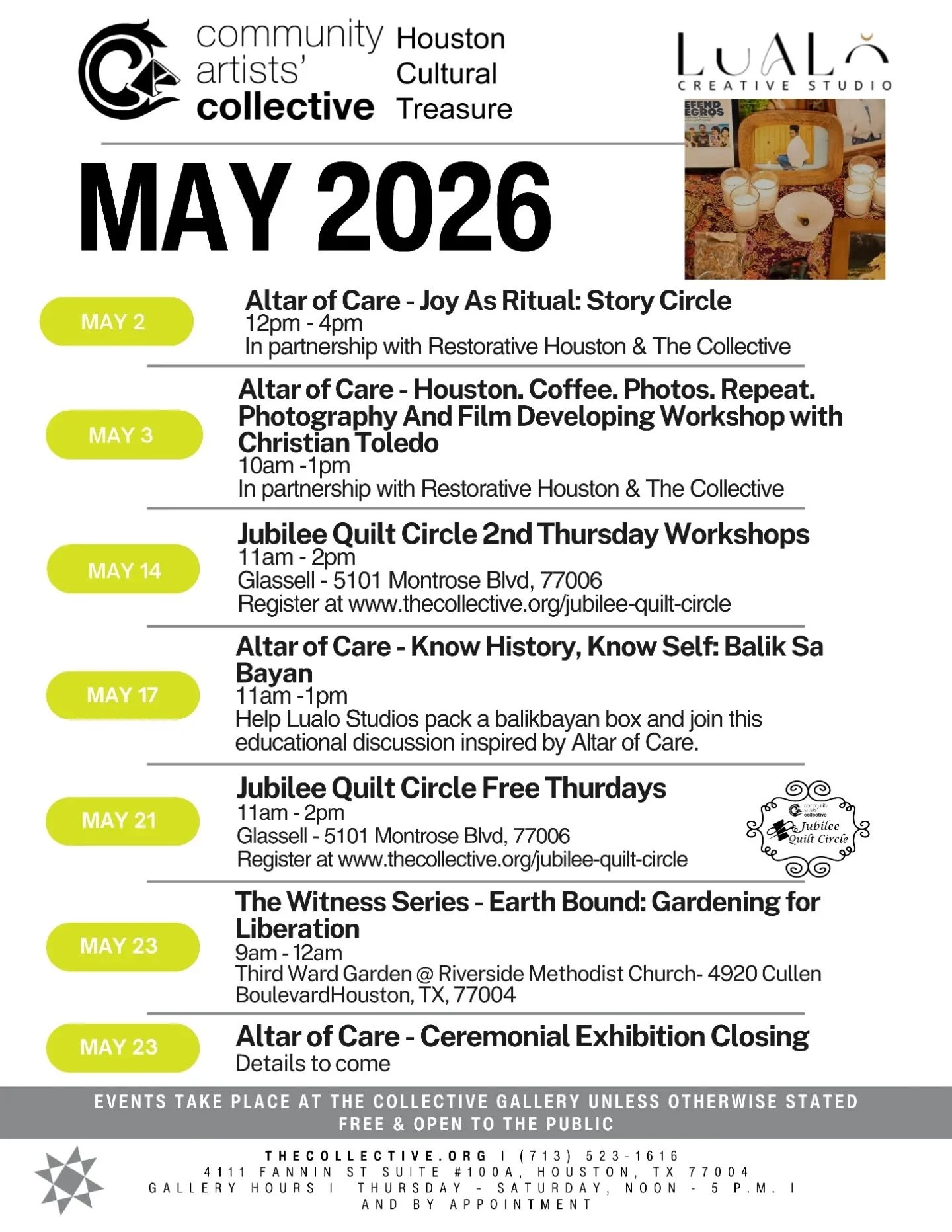 MAY at The Collective 🌿✨

This month, The Community Artists&rsquo; Collective is honored to present Altar of Care by Lualo Creative Studio &mdash; a community-centered exhibition rooted in memory, migration, ritual, nourishment, and collective heali