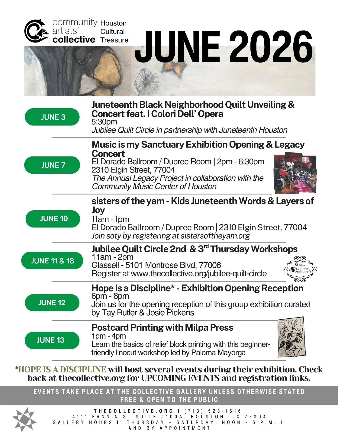 ❇️ June at The Community Artists&rsquo; Collective 

Summer is in full swing, and June is packed with opportunities to celebrate culture, creativity, community, and collective memory. Join us for exhibitions, workshops, performances, printmaking, qui