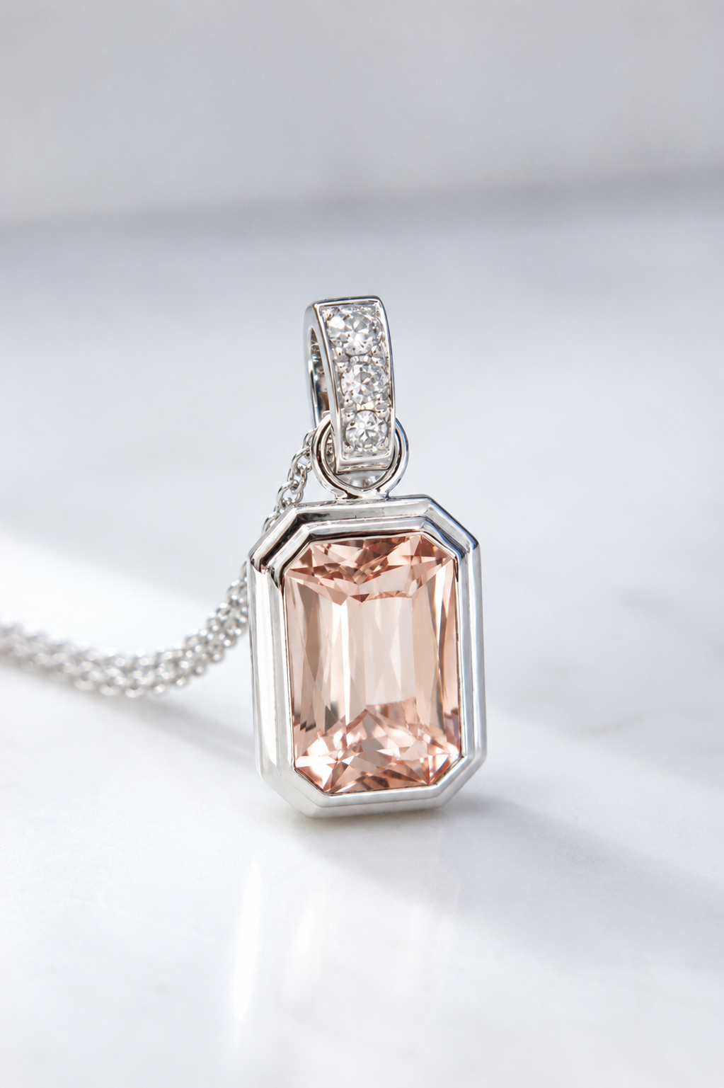 9K white gold, diamond and morganite pendant by Sophie Cudworth 