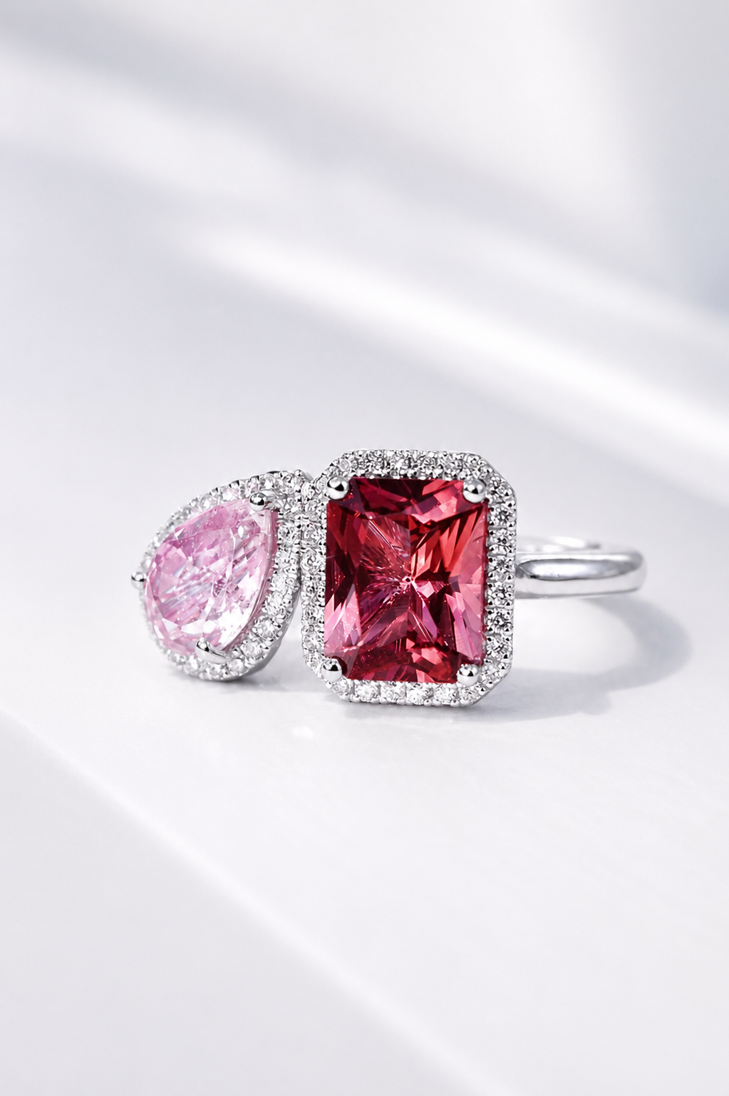 Pink sapphire and red tourmaline with diamond, Toi et Moi ring by Sophie Cudworth