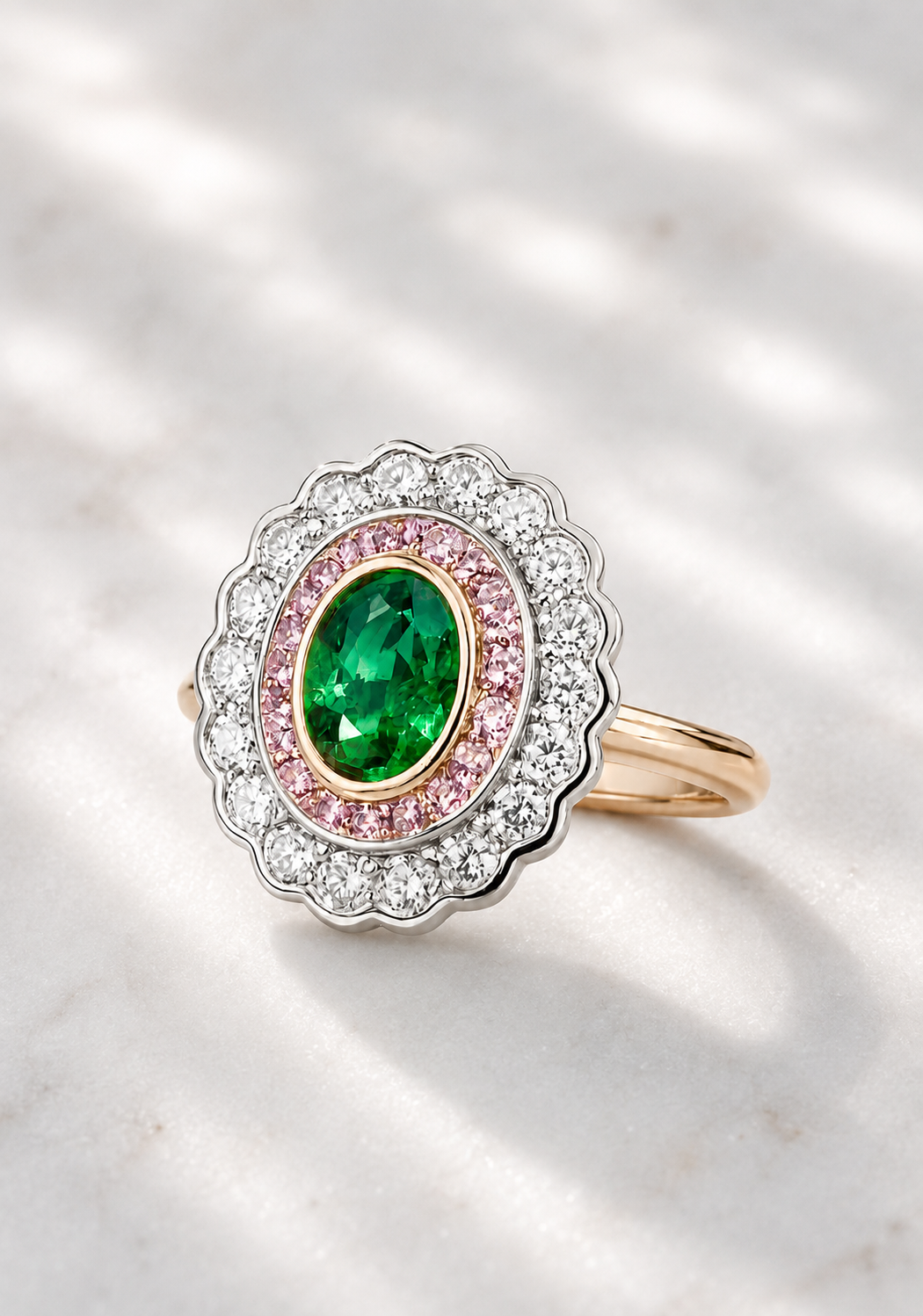 Platinum and 18K yellow gold cluster ring with emrald, pink sapphire and diamond by Sophie Cudworth 