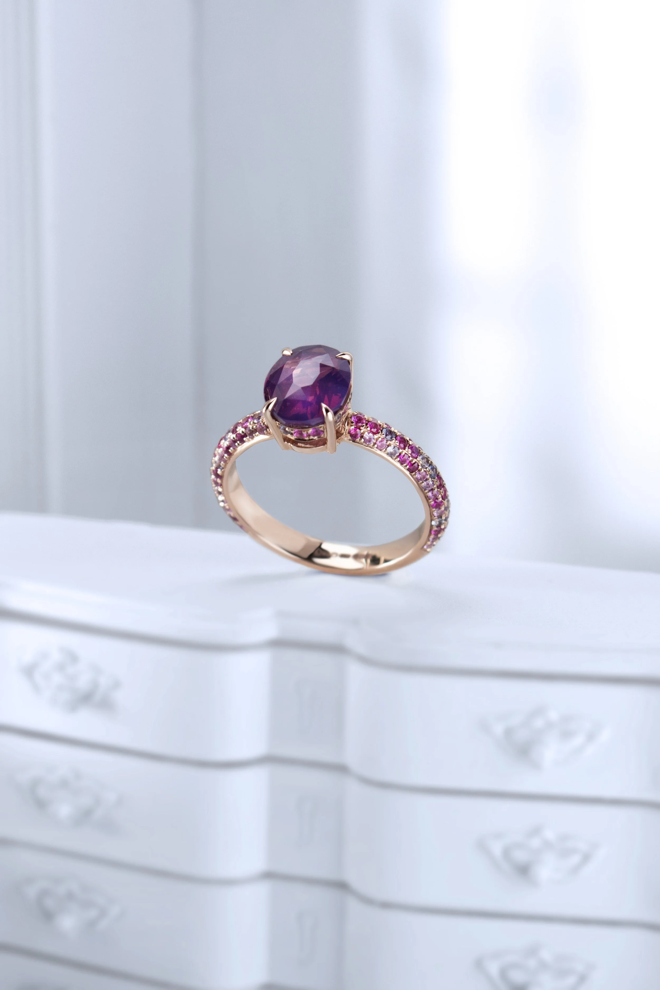 18K Rose gold with pink sapphire, rubies and lilac sapphires by Sophie Cudworth Bespoke Jewellery Design 