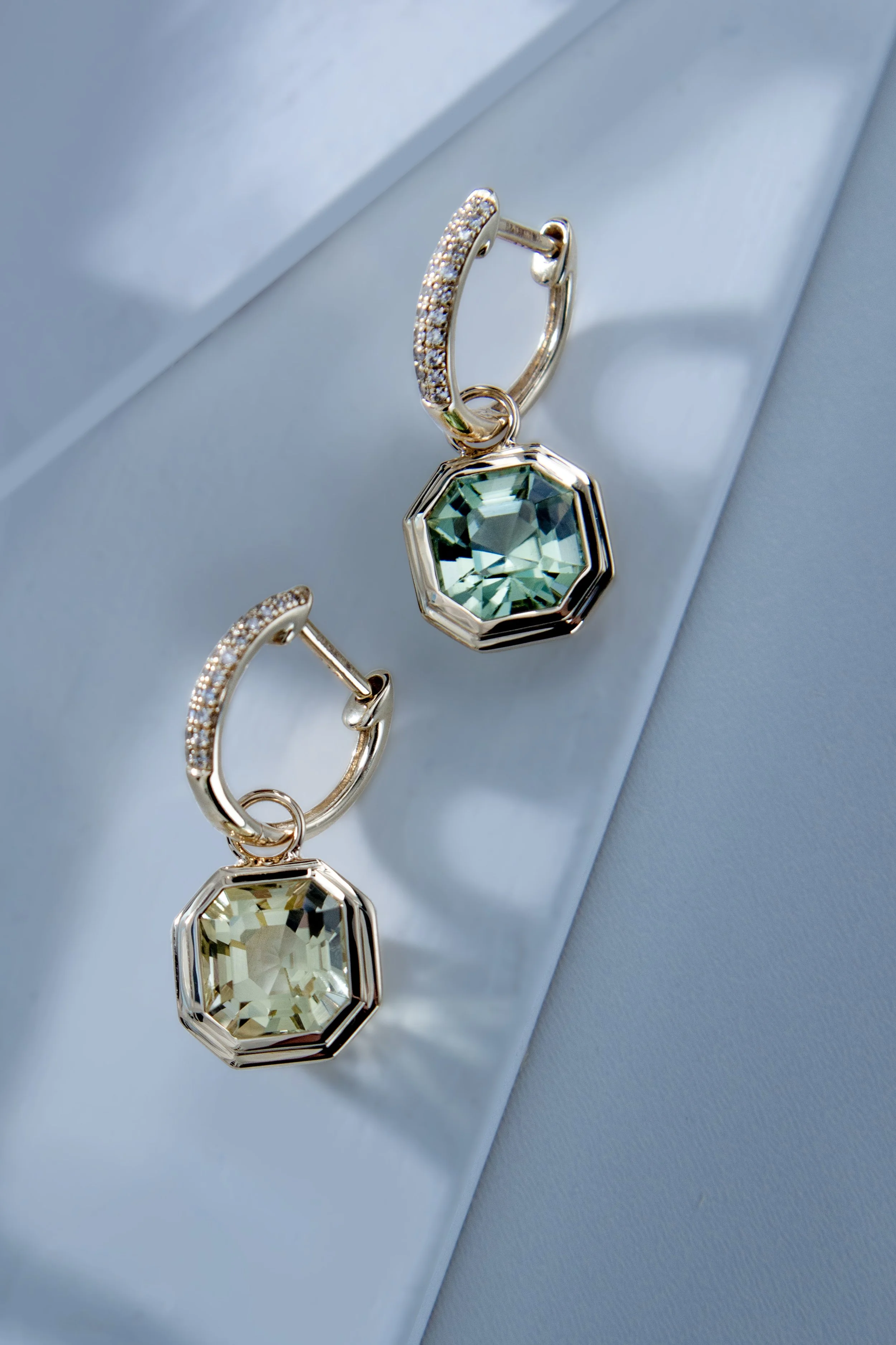 14K yellow gold mismatched tourmaline earrings by Sophie Cudworth 