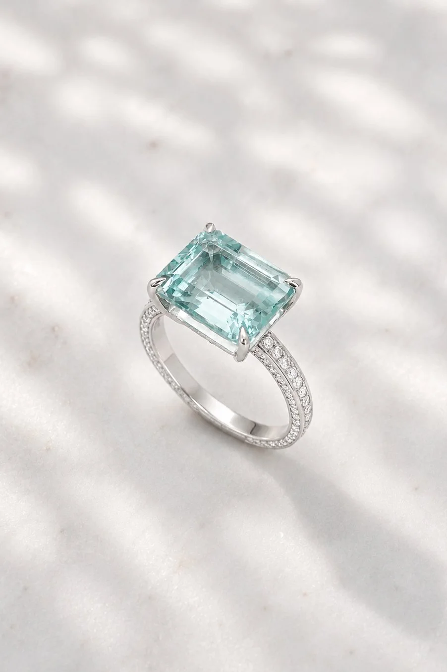 Platinum with mint aquarine and diamond ring by Sophie Cudworth 