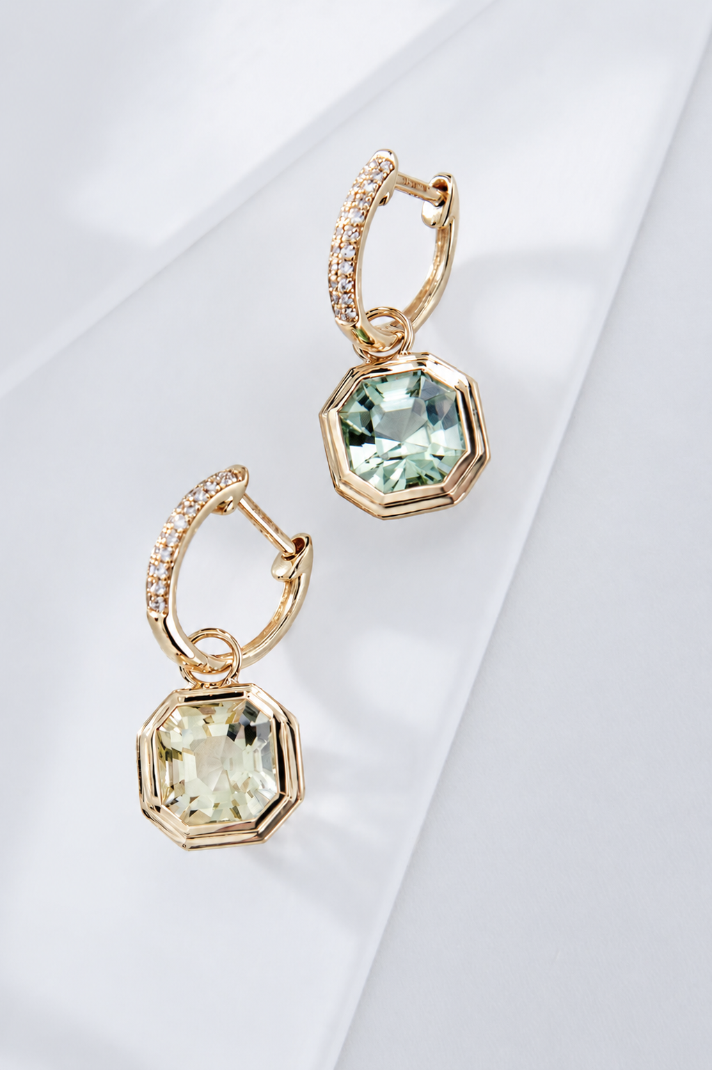 14K yellow gold mismatched tourmaline earrings by Sophie Cudworth 
