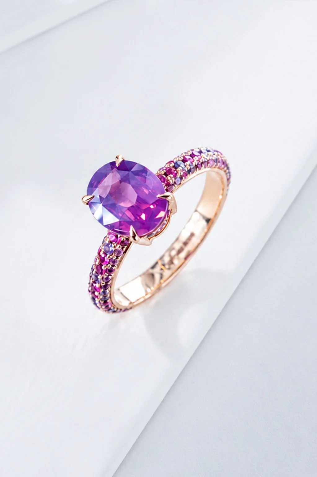 Natural silk pink sapphire with rubies, lilac and pink sapphires ring by Sophie Cudworth 