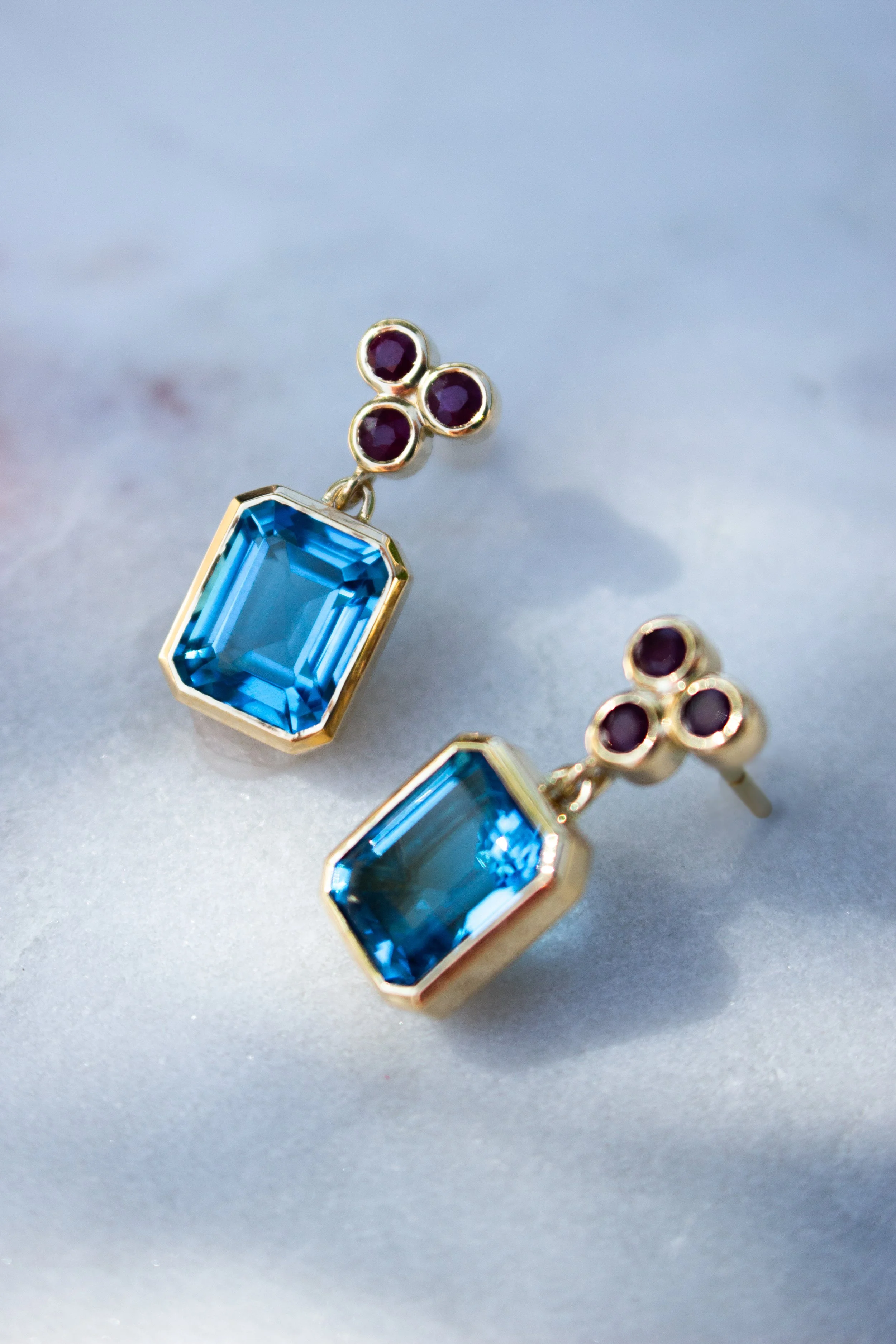 18K topaz and ruby earrings by Sophie Cudworth