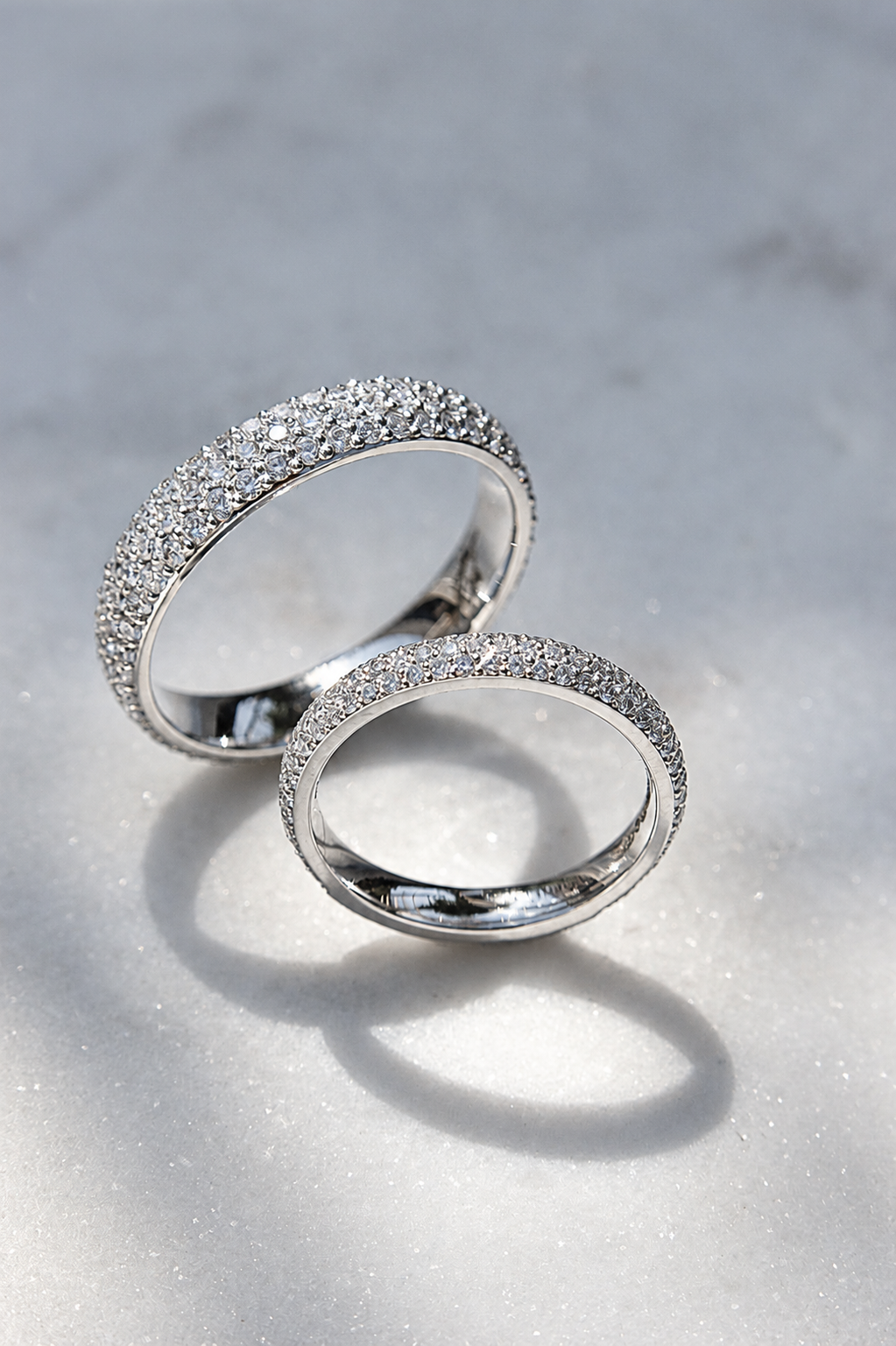 Platinum pave set matching wedding bands by Sophie Cudworth  