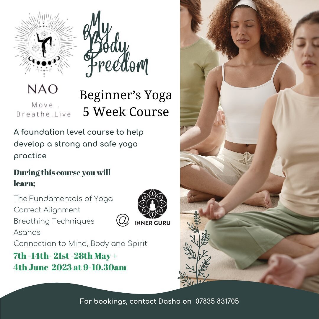 💫 5 weeks Beginners Yoga Course! 💫⠀
⠀
🗓 Every Sunday for 5 weeks 7th May 2023 - 4th June 2023. ⠀
⠀
⏰ 9:00 - 10:30am ⠀

🏘 Inner Guru
⠀
☯️ Discover freedom and happiness through movement. ⠀
⠀
🙋🏻&zwj;♀️ If you've always wanted to learn yoga or alr