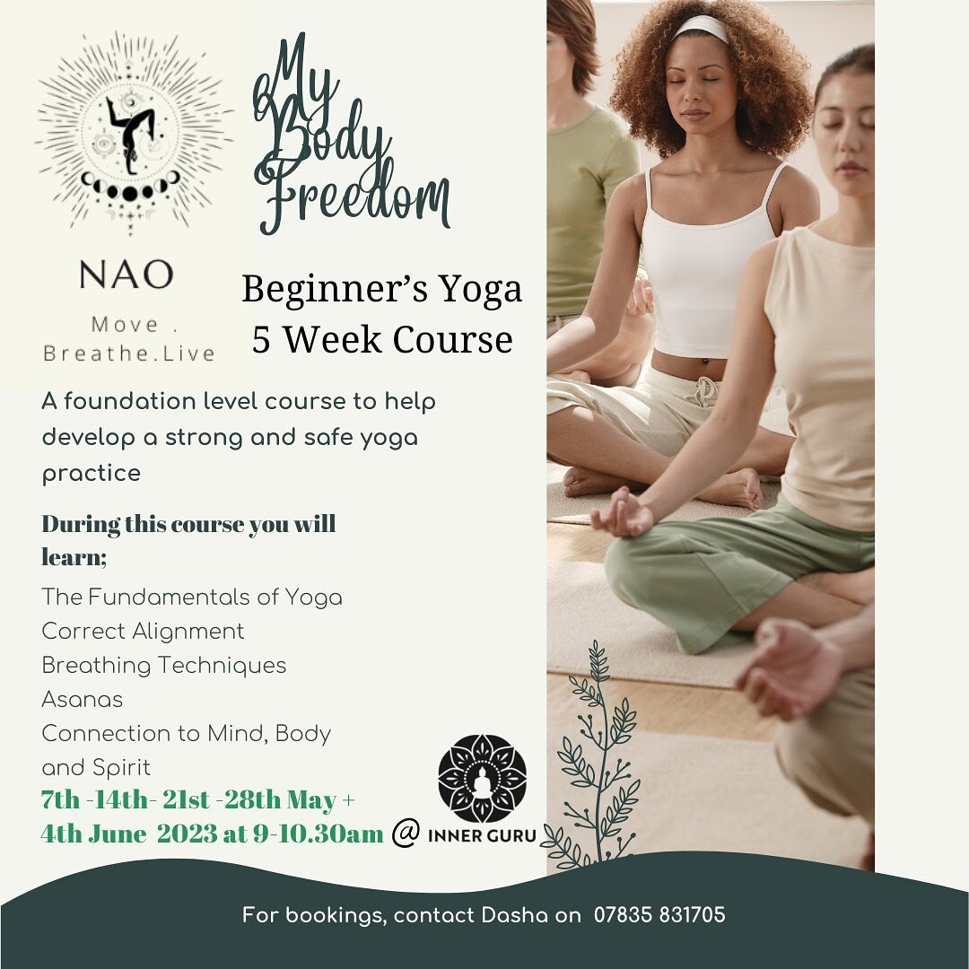 💫 5 weeks Beginners Yoga Course! 💫⠀** Starting next week**
⠀
🗓 Every Sunday for 5 weeks 7th May 2023 - 4th June 2023. ⠀
⠀
⏰ 9:00 - 10:30am ⠀

🏘 Inner Guru
⠀
☯️ Discover freedom and happiness through movement. ⠀
⠀
🙋🏻&zwj;♀️ If you've always want