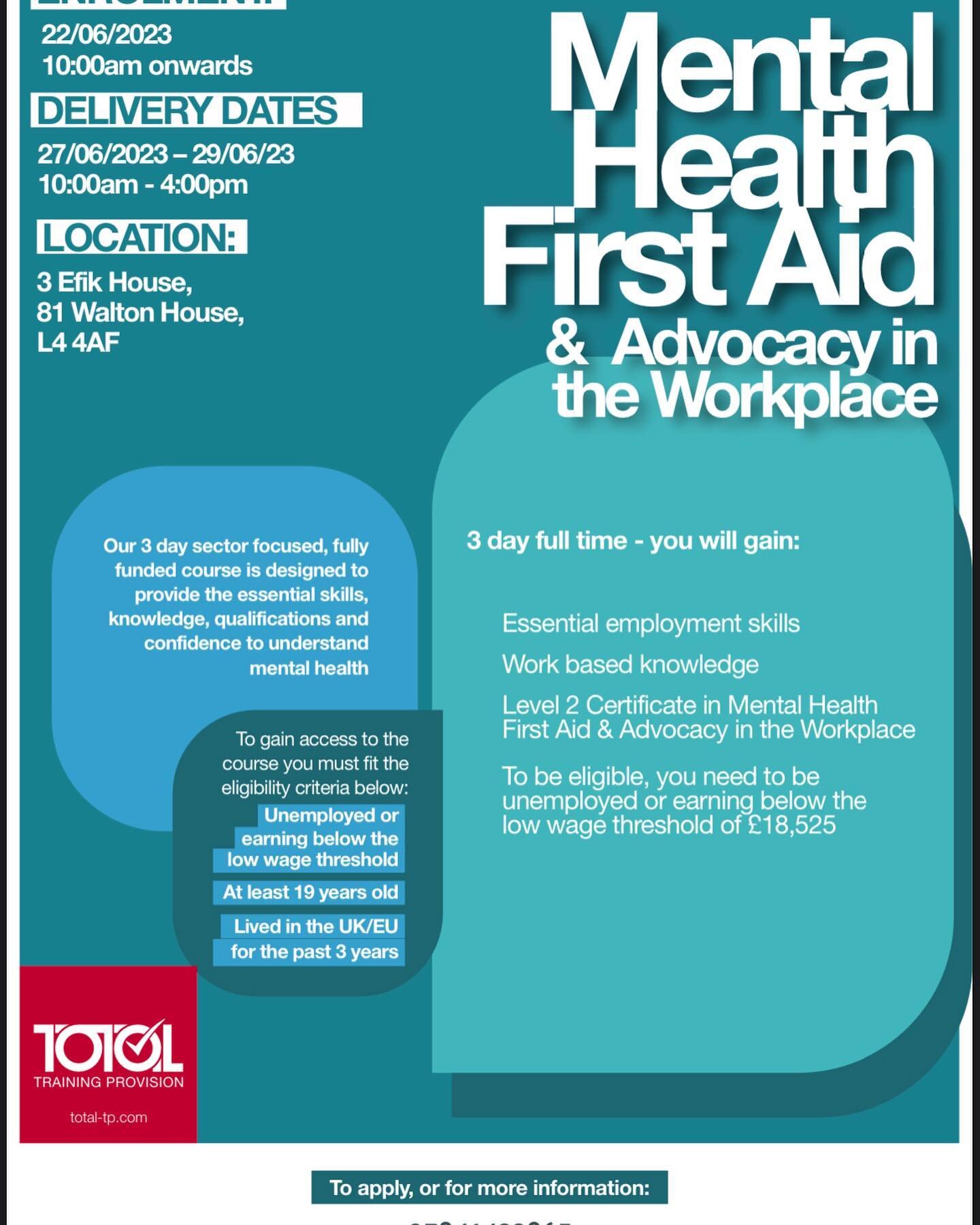 We are pleased to be offering the Mental Health First Aid Course for anybody earning below the minimum wage threshold or unemployed FREE of charge! Please contact the tel. Number on the poster to apply 🙏