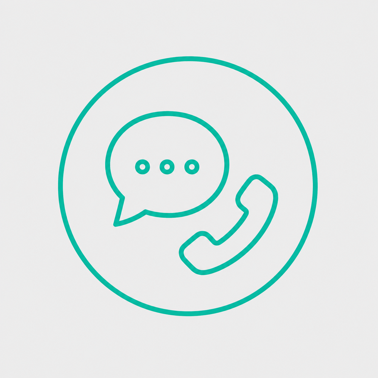 Icon of a smartphone with a phone symbol on the screen and a speech bubble for messaging, enclosed in a circle.