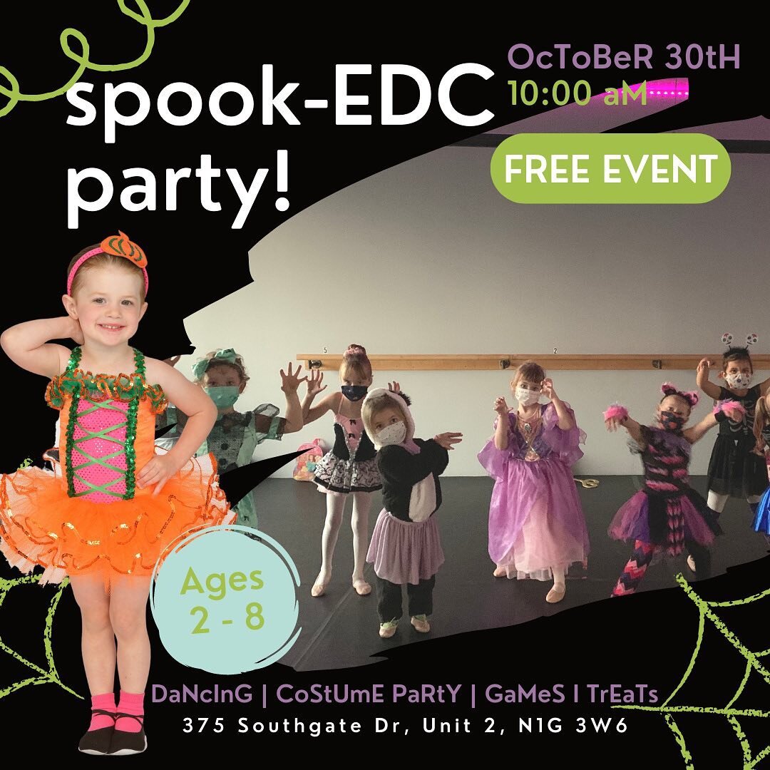 Join us at Spook-EDC for a HALLOWEEN DANCE PARTY 🎃👻🧙&zwj;♀️&hellip;fun for the whole family!!!

This event is absolutely FREE, yes that&rsquo;s right, it&rsquo;s FREE!!!!! We have spook-tacular dance classes for ages 2 - 8 plus a ghostly day of ga