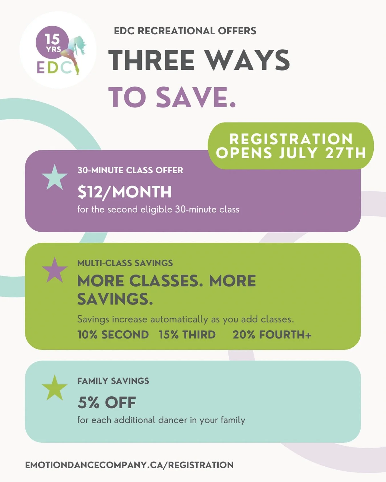 ✨RECREATIONAL REGISTRATION OPENS JULY 27TH!✨

More dance. More opportunities. More ways for your family to save.💜

When your dancer joins Emotion Dance Company for the 2026/2027 season, your family can take advantage of our annual savings. 

With cl