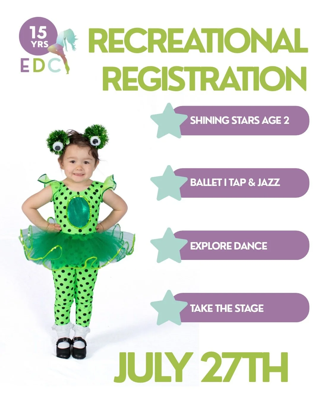 Their first dance class starts here! ✨

Recreational registration opens tomorrow, Monday July 27th🎉

⭐ Shining Stars &mdash; age 2
Playful Ballet, Jazz &amp; Tap classes introducing little dancers to music, rhythm and creativity.

⭐ Mini Movers &mda