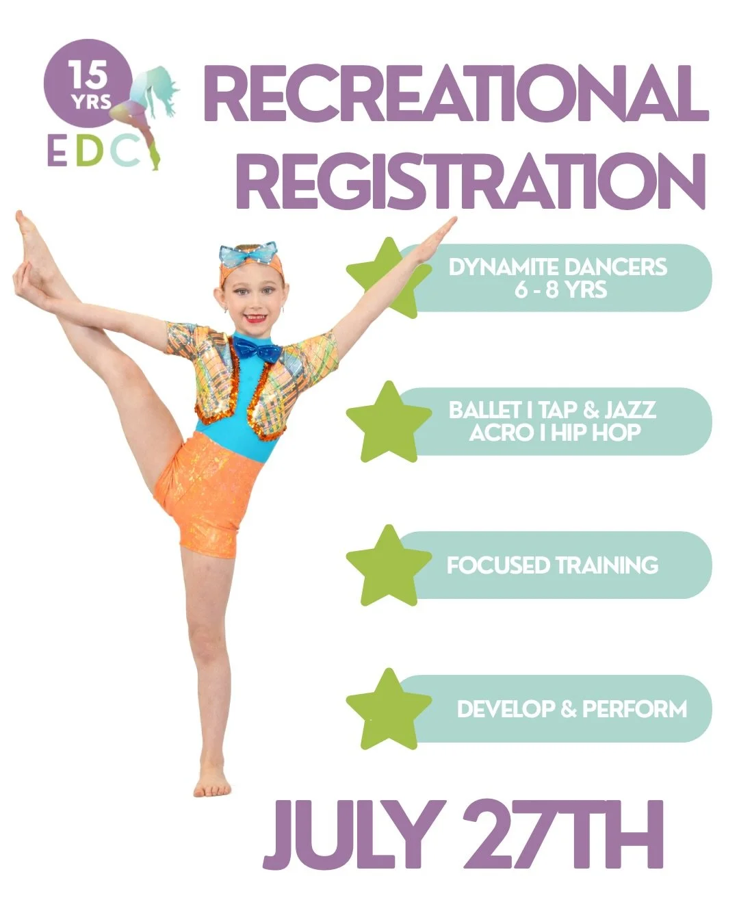 2026/2027 Recreational registration is officially OPEN! ✨

Whether your dancer is ready to develop new skills, explore another style, find a creative outlet or develop lasting friendships, there&rsquo;s a place for them at EDC.

⭐ Dynamite Dancers &m