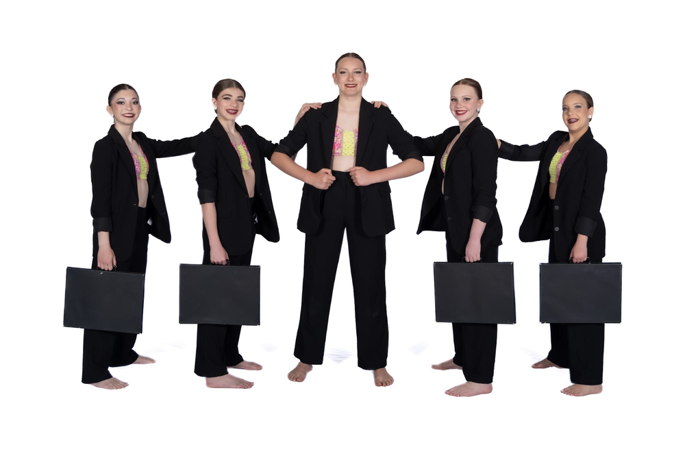 Five teen jazz dancers in black suits