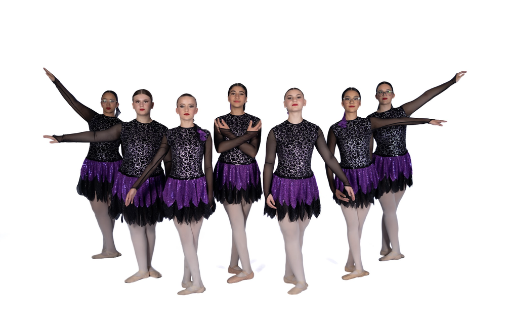 Seven teen ballet dancers in black and purple costumes