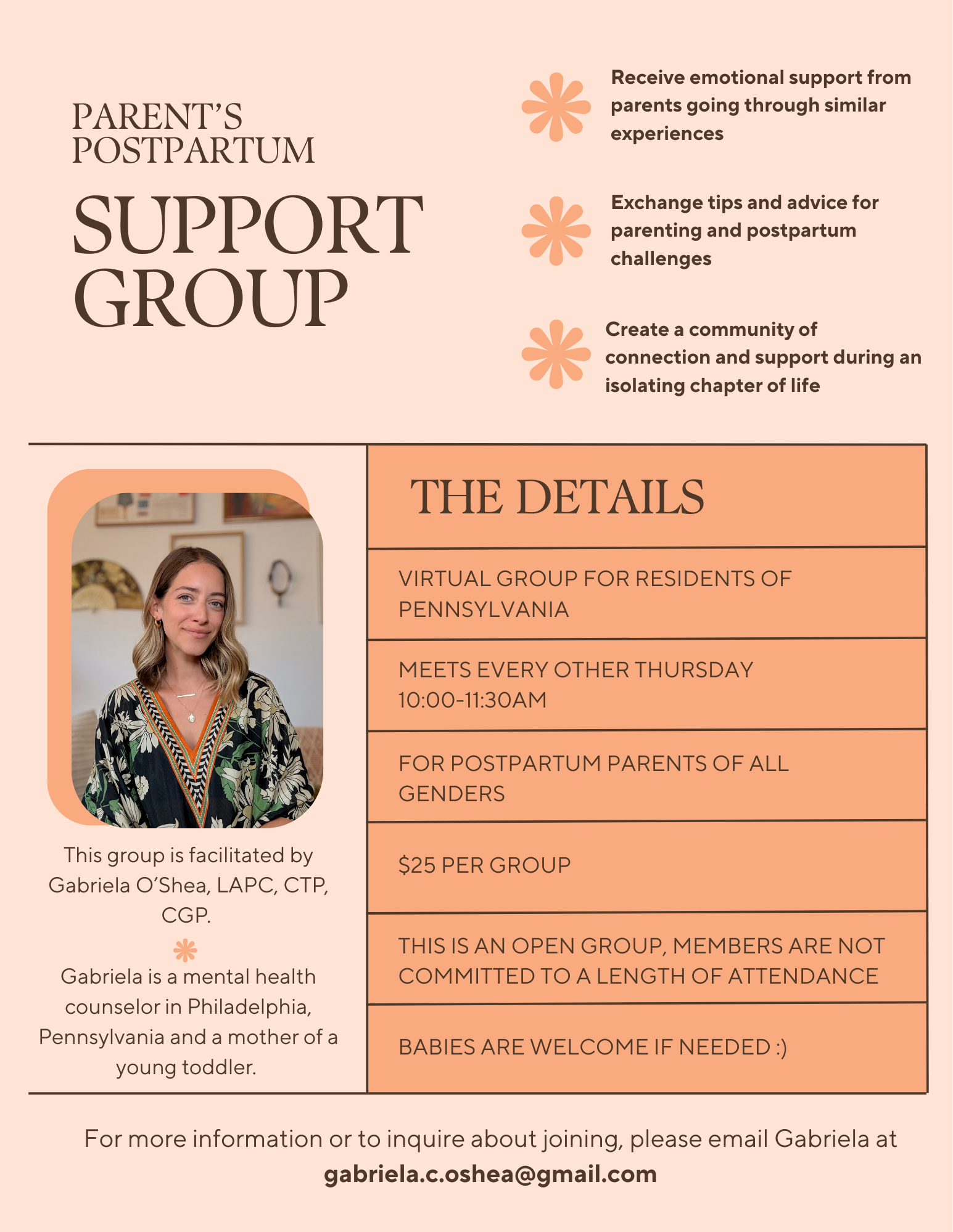 Postpartum Support Group for Pennsylvania Residents Flyer