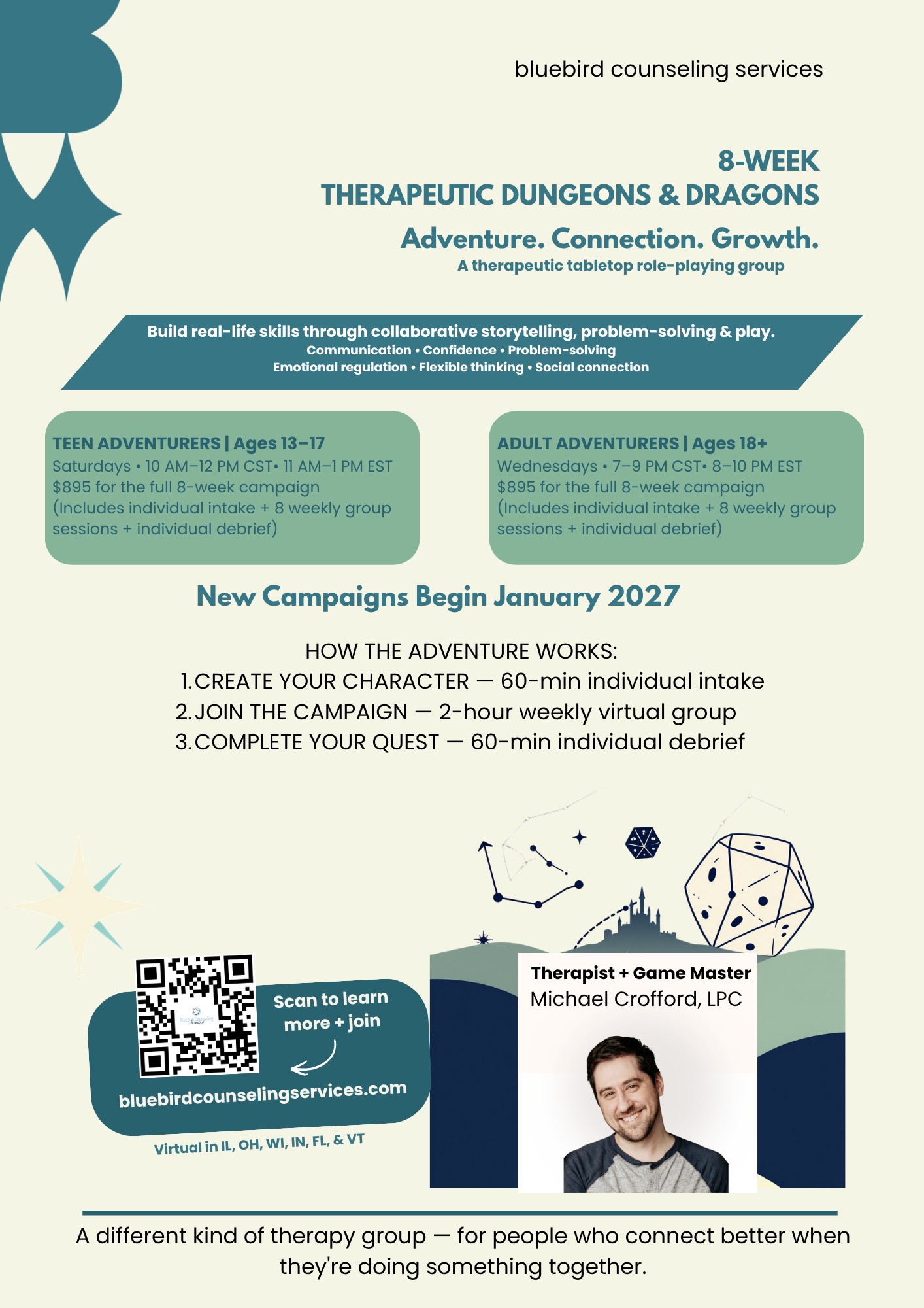 A flyer for Bluebird Counseling Services advertising an 8-week Therapeutic Dungeons & Dragons group focusing on adventure, connection, and growth. Includes session details for teens and adults, campaign start date, enrollment cost, and a QR code.
