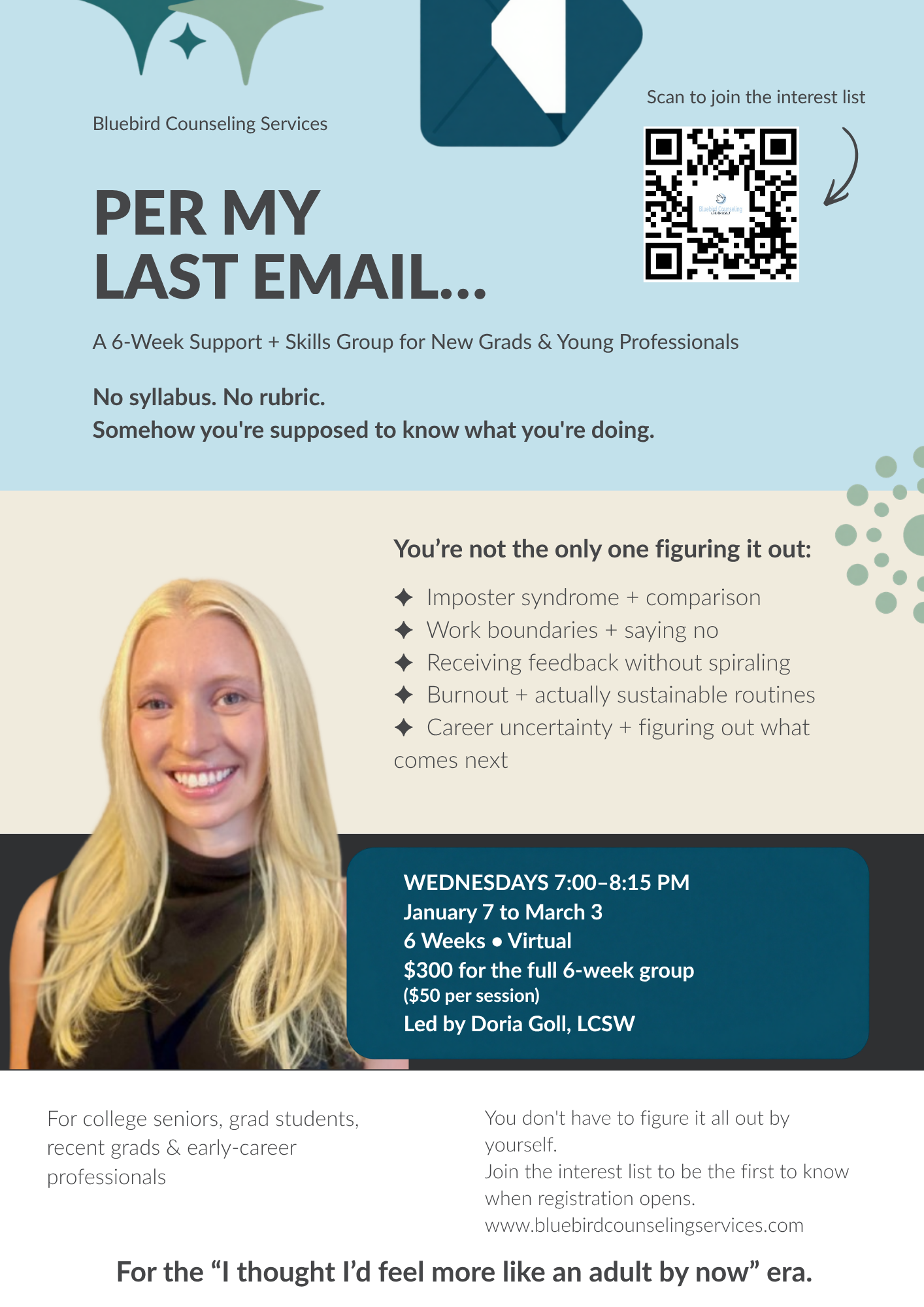 Flyer advertising a 6-week virtual support and skills group for new grads and young professionals, led by Doria Goll, LCSW, running Wednesdays from 7:00 to 8:15 PM from January 7 to March 3, costing $300, with a QR code for interest list enrollment.