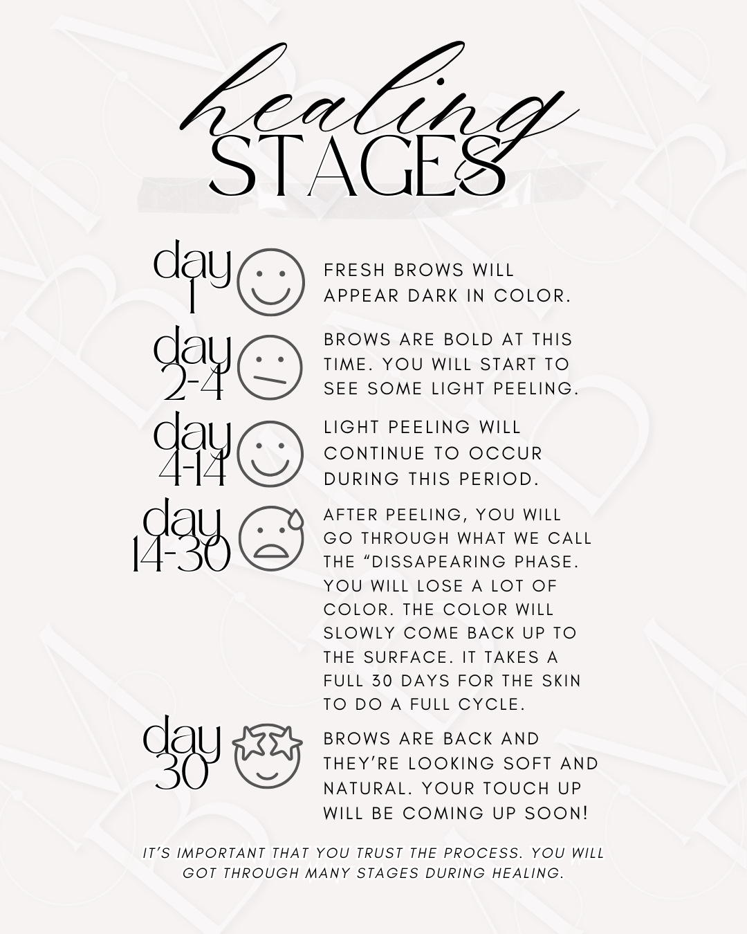 Chart detailing skin healing stages with days, emojis, and descriptions of brow healing process.