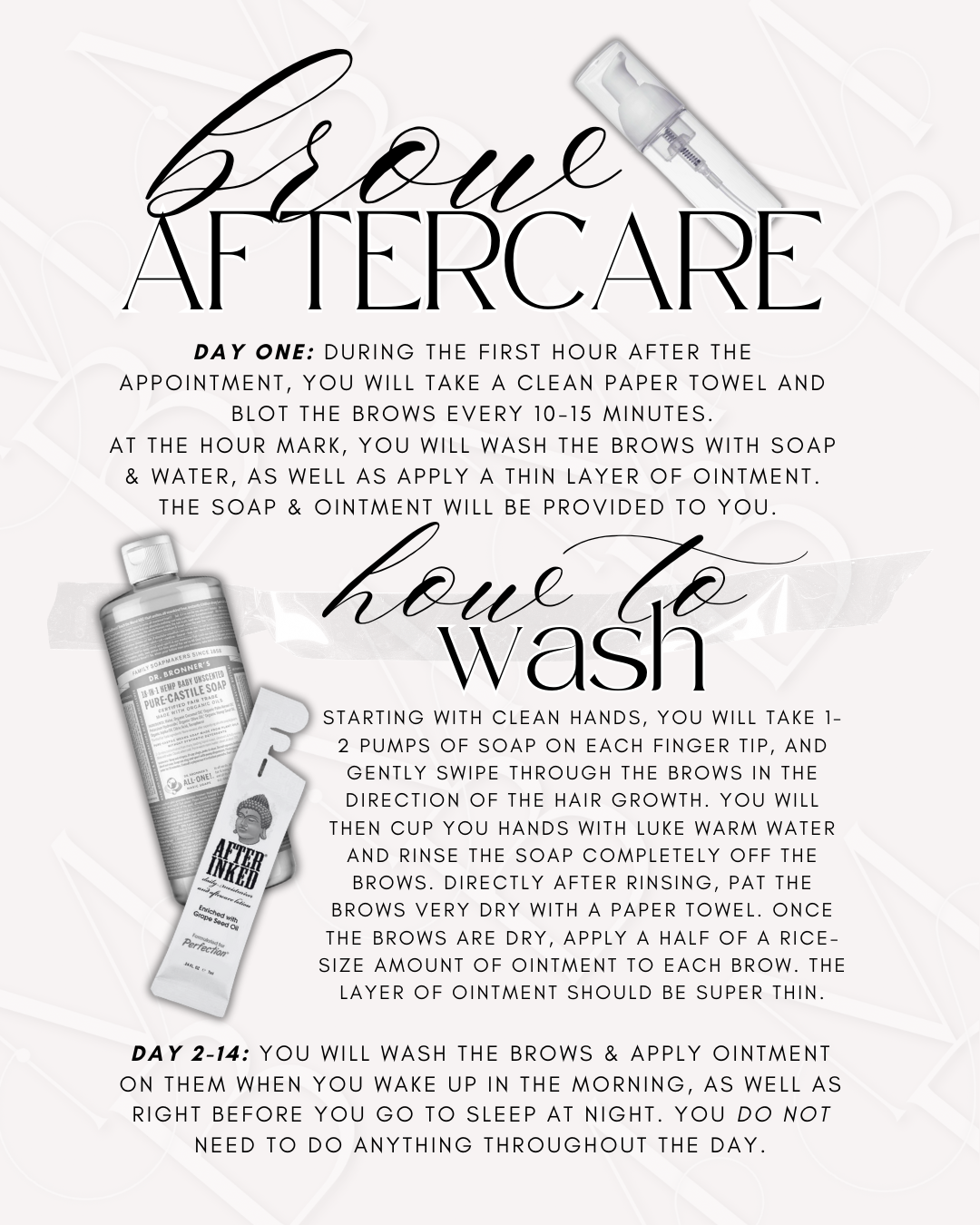 Guide to brow aftercare with instructions for cleaning, washing, and applying ointment, including images of soap and ointment tubes.