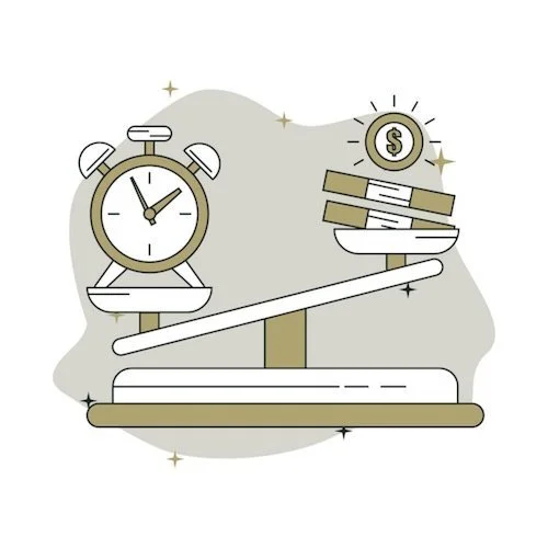 A balance scale with a clock on one side and a stack of money with a coin on top on the other side.