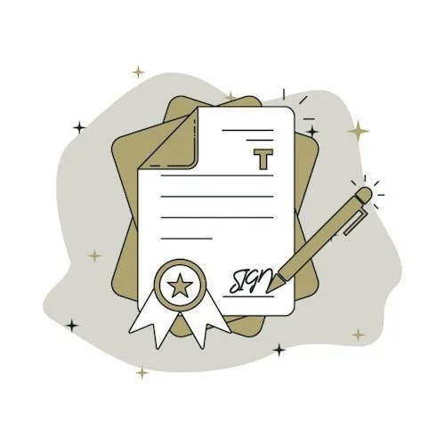 Digital illustration of a certificate or document with a pen, ribbon, and star badge, surrounded by abstract shapes and sparkles.