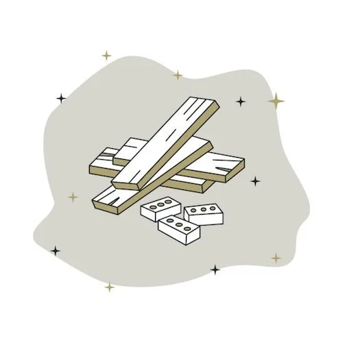 Illustration of wooden domino tiles and small white bricks with black dots, on a decorative background.