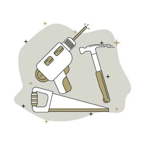 Illustration of a cordless drill, hammer, and saw, representing tools for construction or repair work.