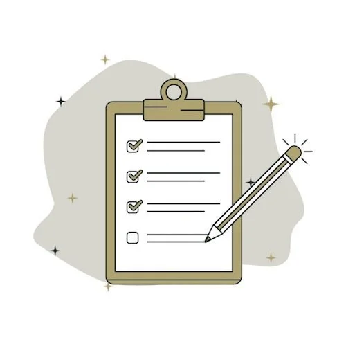 Illustration of a clipboard with a checklist and a pen, with some checked items and one unchecked box.