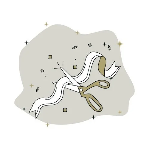 Illustration of a pair of scissors cutting a ribbon with star and sparkle decorations in the background.