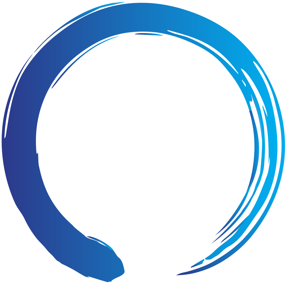 A blue and black circular logo with an incomplete ring design.