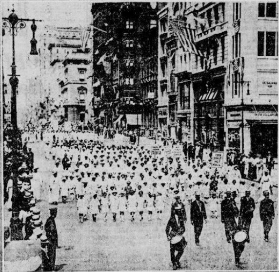 Black and white photograph of the silent protest in NYC after the East St. Louis riots.
