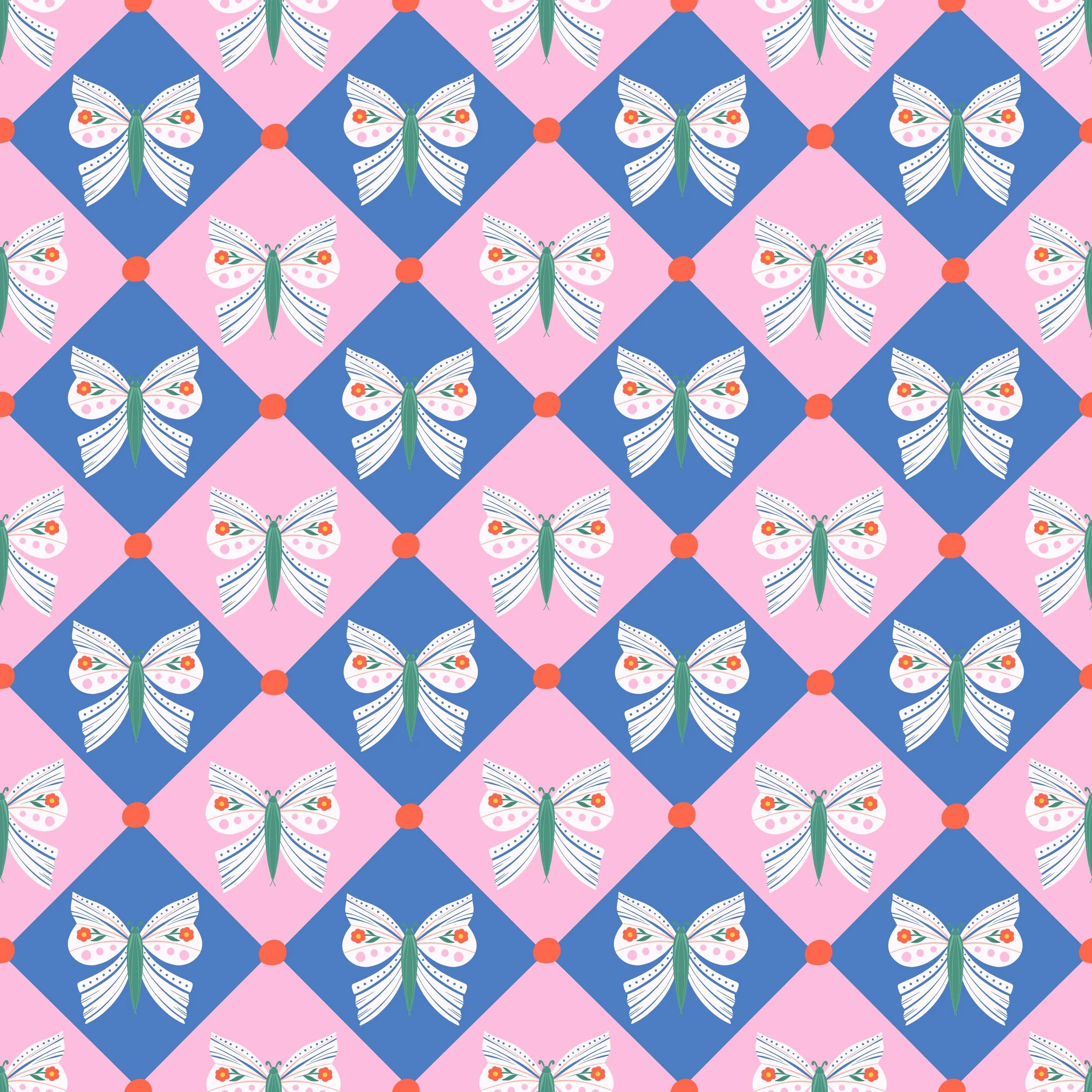 Pattern of pink and blue diamond shapes with white butterflies that have pink, green, and orange details.