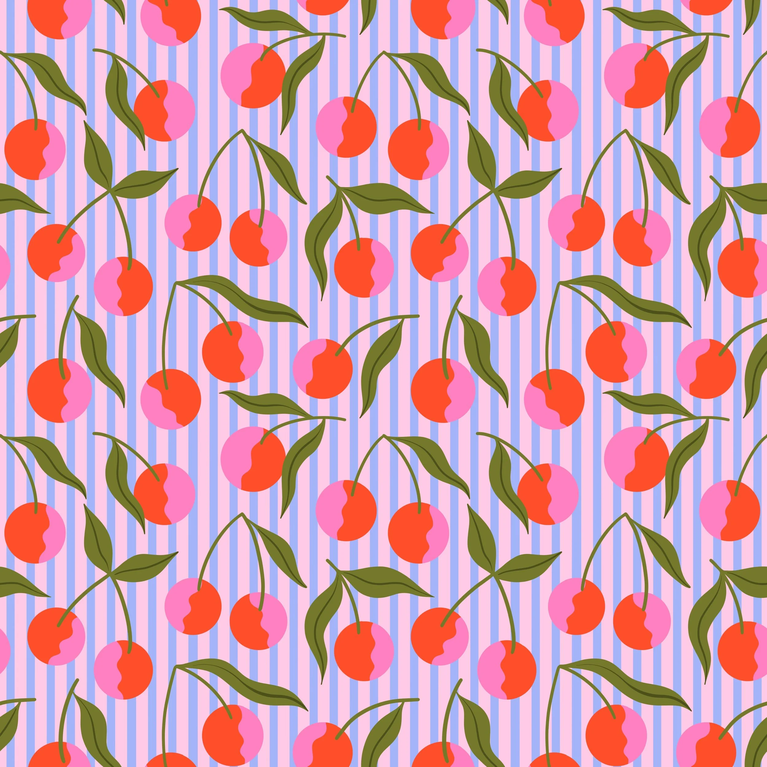 Pattern of red cherries with green leaves on pink and purple vertical striped background.