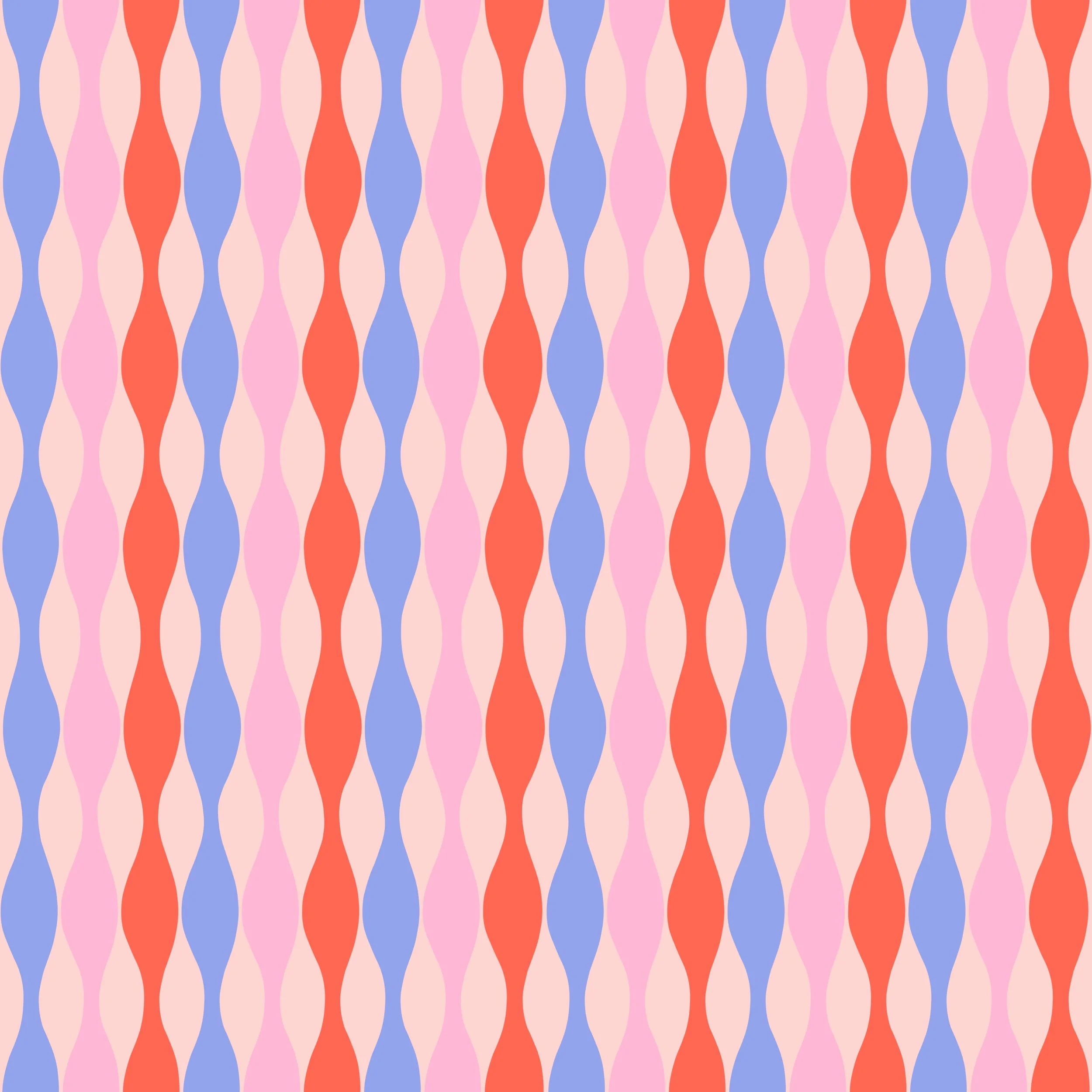 A colourful abstract pattern featuring wavy vertical stripes in coral red, light pink, lavender purple, and light blue.