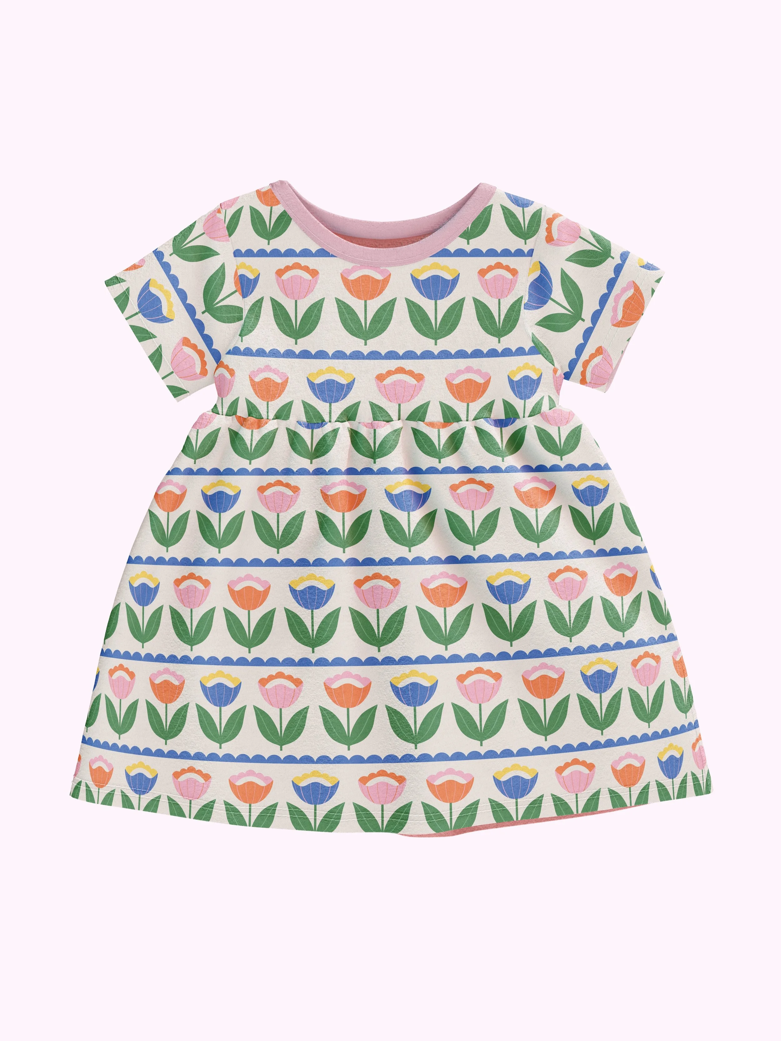 A colourful children's dress with a floral pattern of pink, orange, blue, and purple tulips with green leaves on a white background.