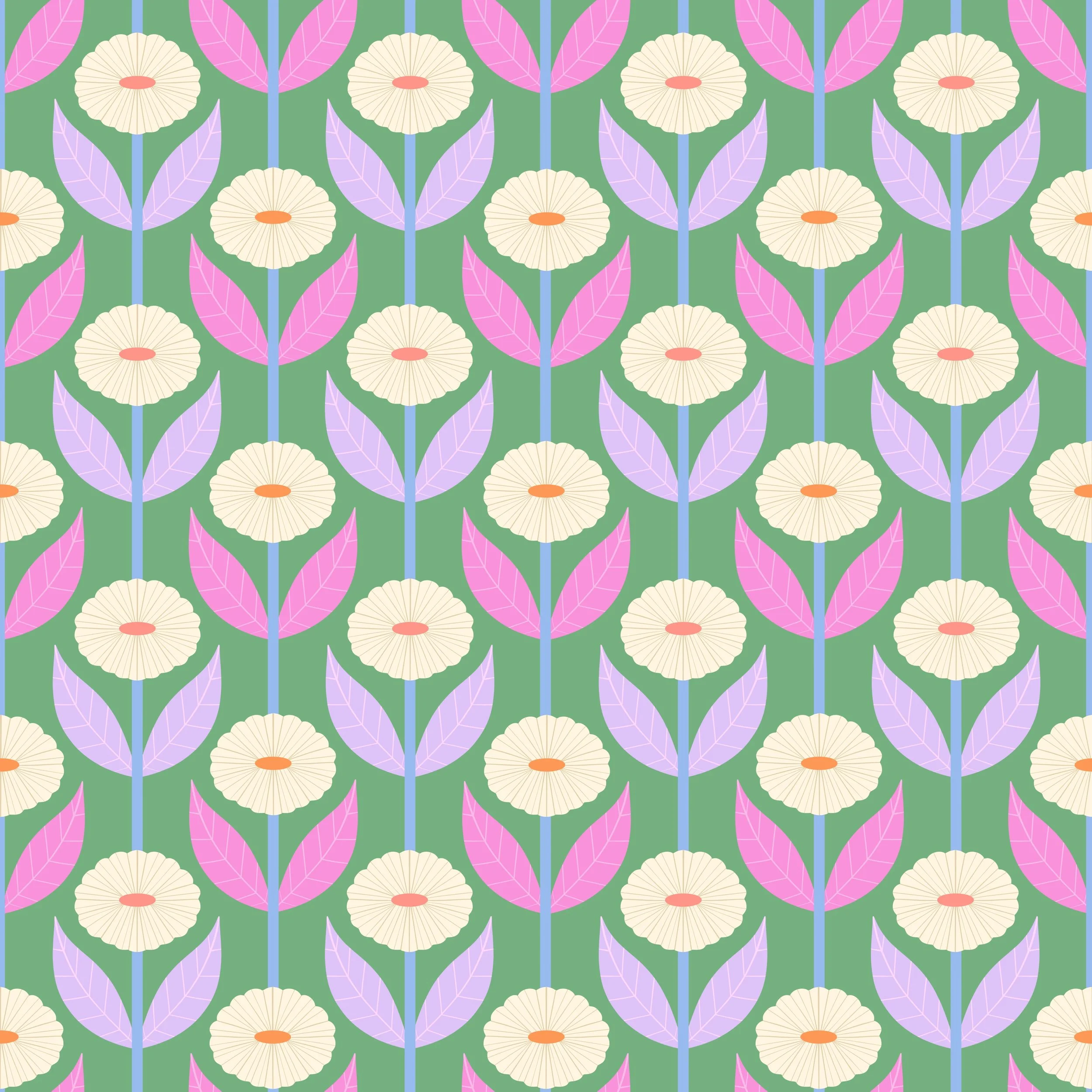 Pattern of white flowers with orange centers, purple and pink leaves on green background.