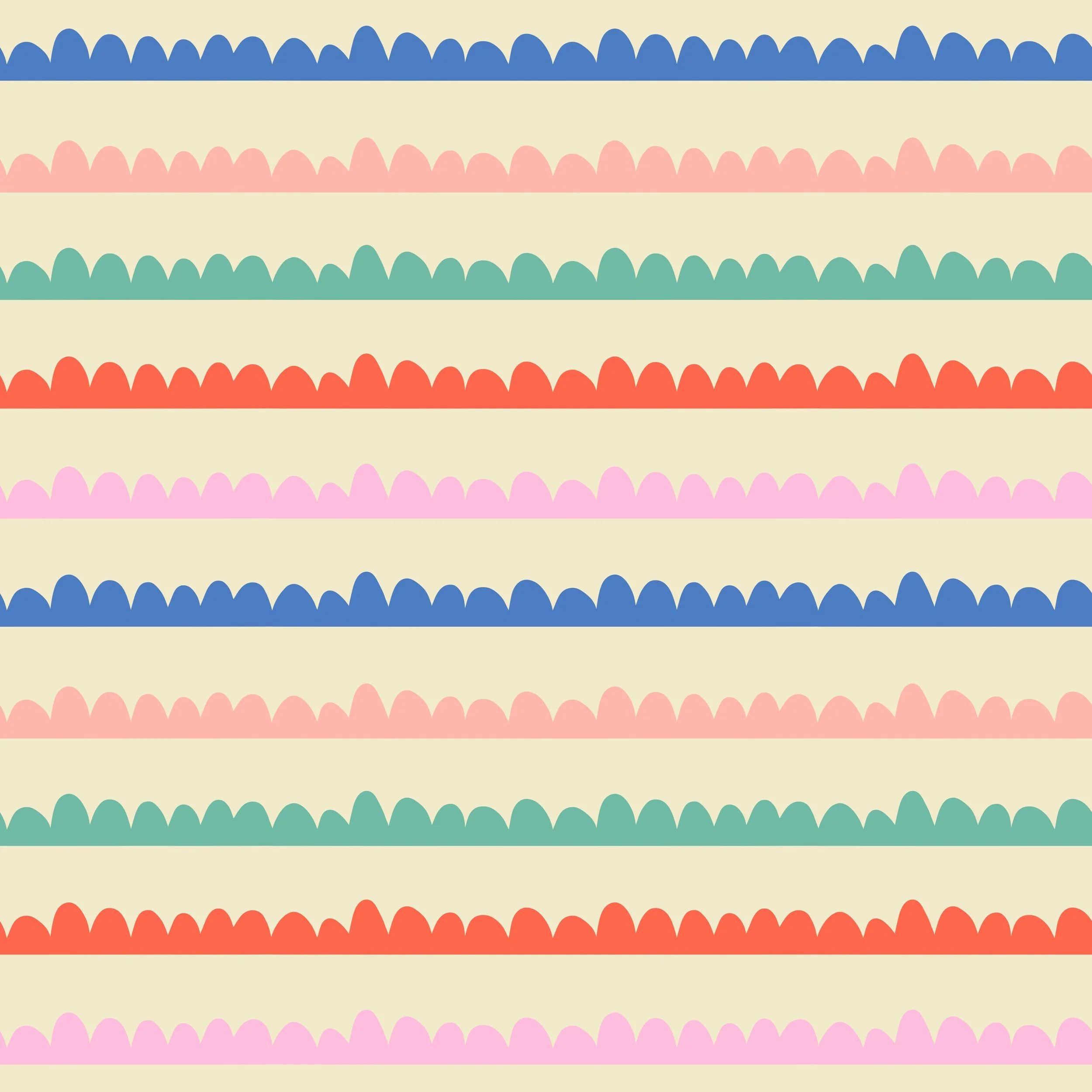 A pattern of horizontal stripes with scalloped edges in various pastel colors including blue, pink, green, and orange on a cream background.