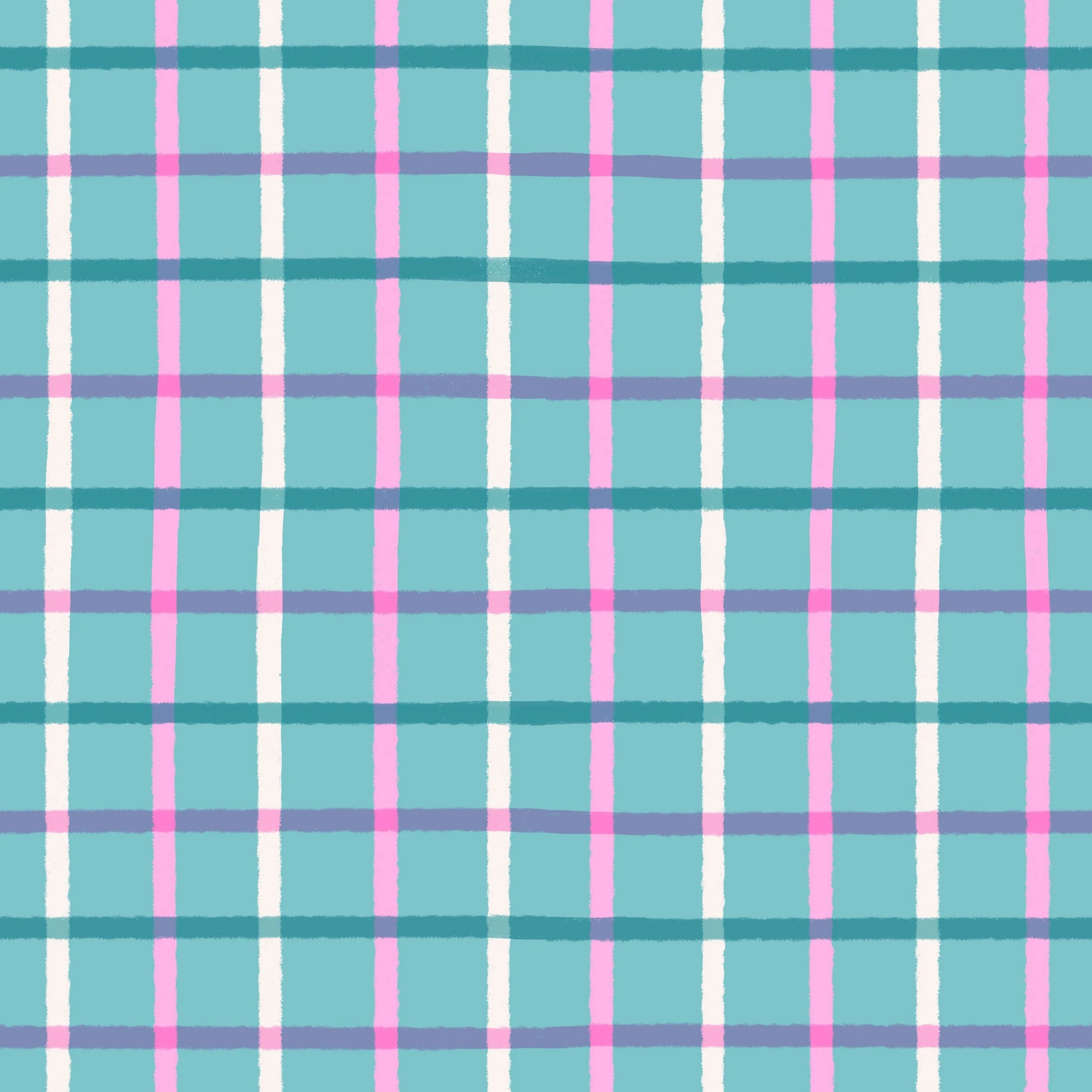 A pattern of plaid with a teal background, pink and white vertical stripes, and blue and purple horizontal stripes.