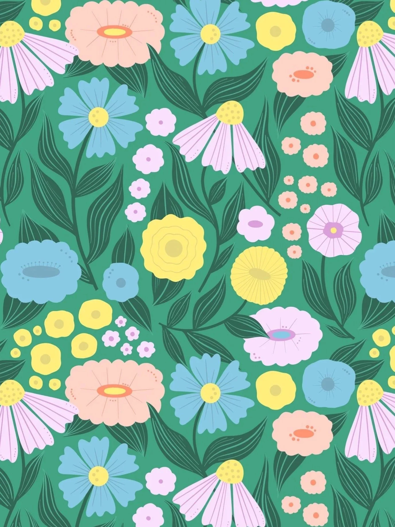 Colourful floral pattern with various flowers and green leaves on a background.
